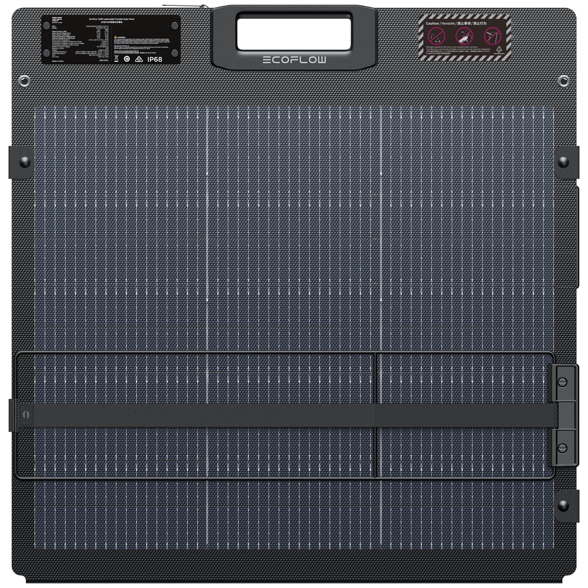 Faltbares Solarmodul mit 160 Wp in dunklem Karbonfaser-Gehäuse, sichtbare Zellen unten, mittiger Tragegriff mit ECOFLOW-Logo, Beschriftungen oben