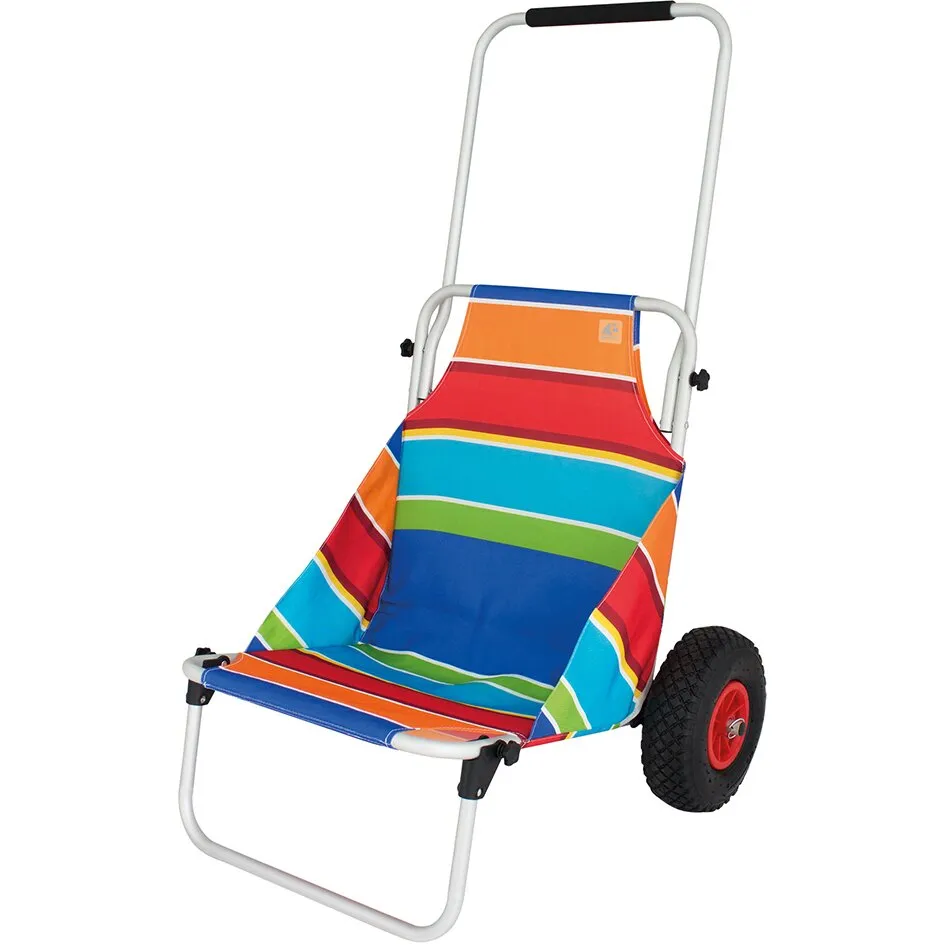 Beach Trailer als bunter Strandwagen mit Sitzfläche, Aluminiumrahmen, langem Schiebegriff und zwei großen Rädern mit roten Felgen