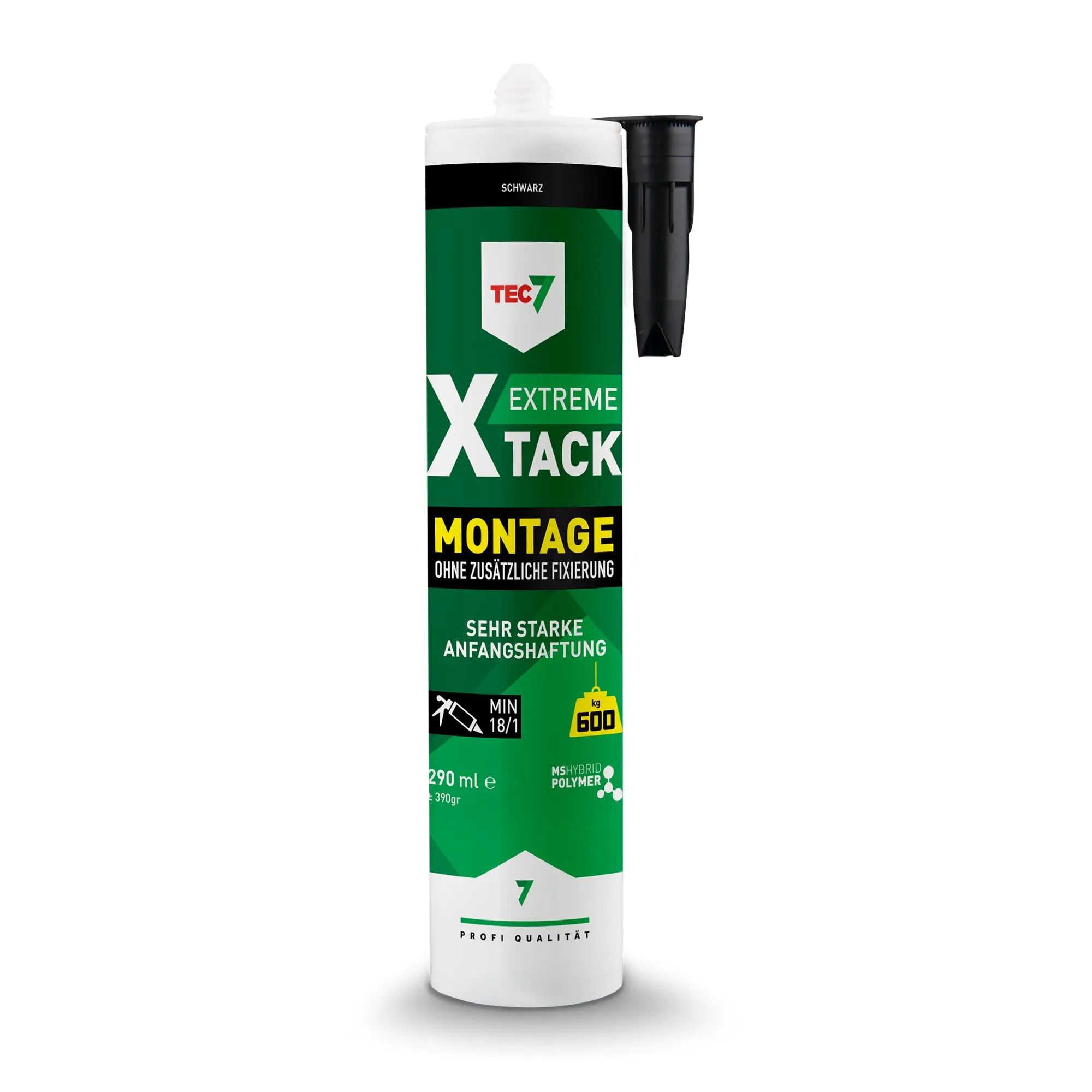 Schwarzer Montagekleber TEC7 XTACK EXTREME als 290-ml-Kartusche mit schwarzer Düse auf weißem Hintergrund