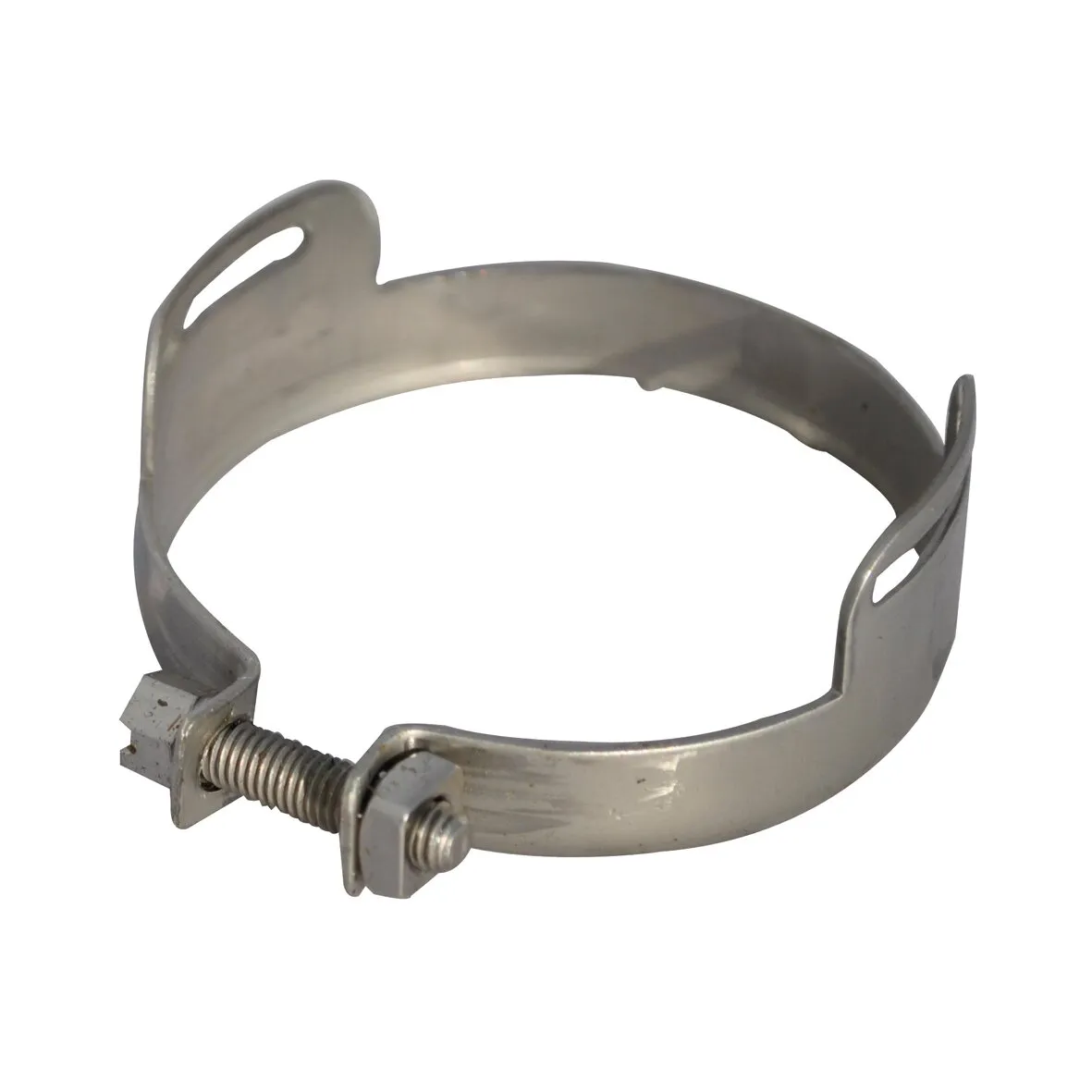 SE-Spanner aus rostfreiem Metall mit rundem Spannband, Gewindeschraube und seitlichen Befestigungsösen