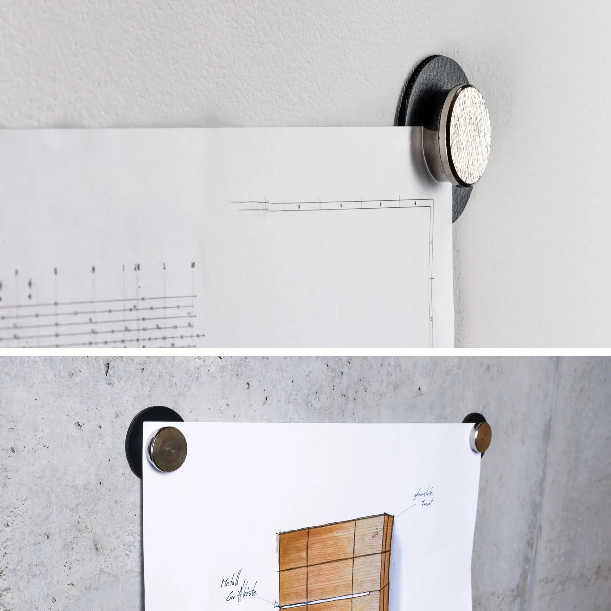 Magnet-Pins SMART mit runden Metallköpfen halten technische Zeichnungen und Skizzen an einer Wand fest