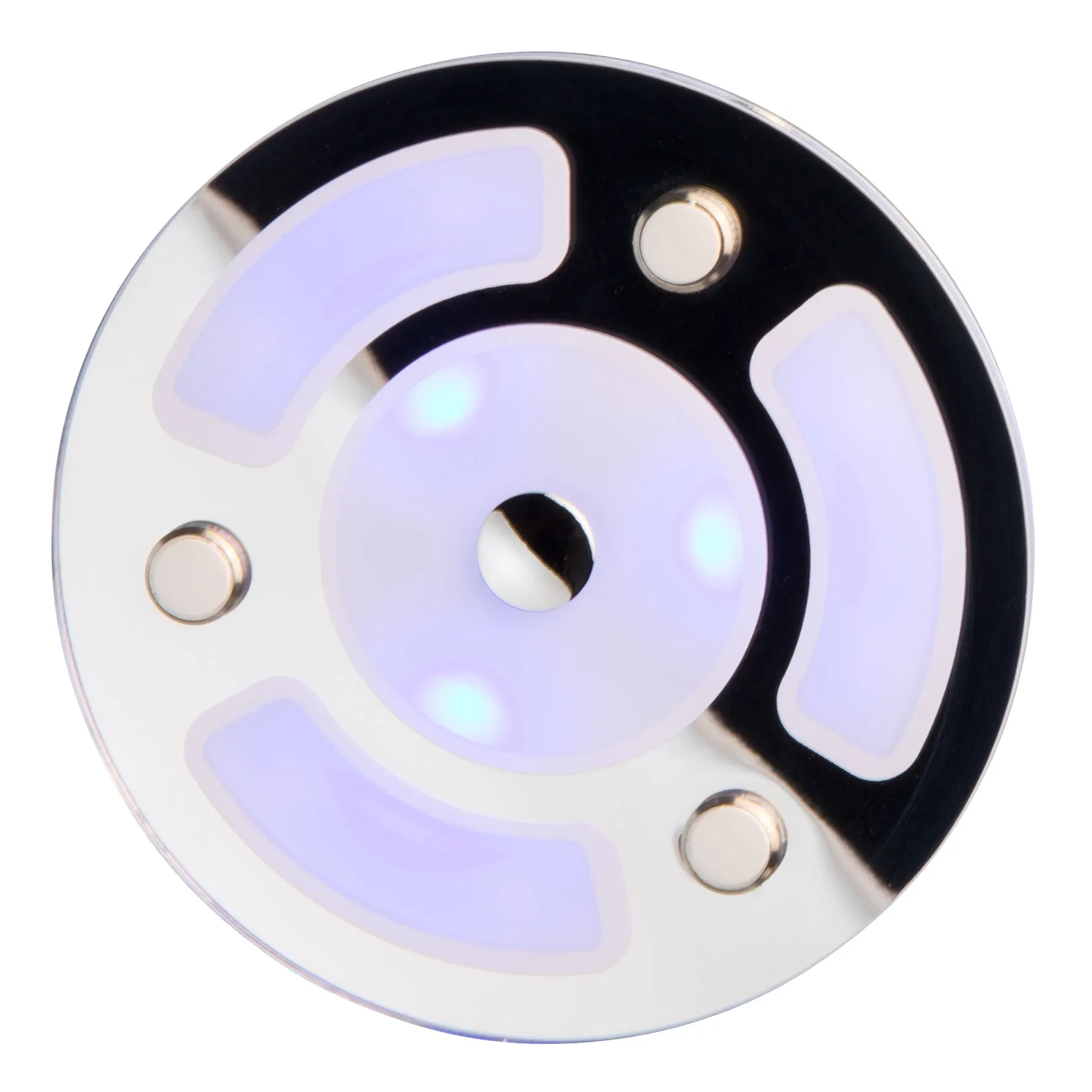Runde Deckenleuchte Nightlight Round mit schwarzer und weißer Oberfläche, violett beleuchteten Lichtsegmenten und drei runden Bedienelementen