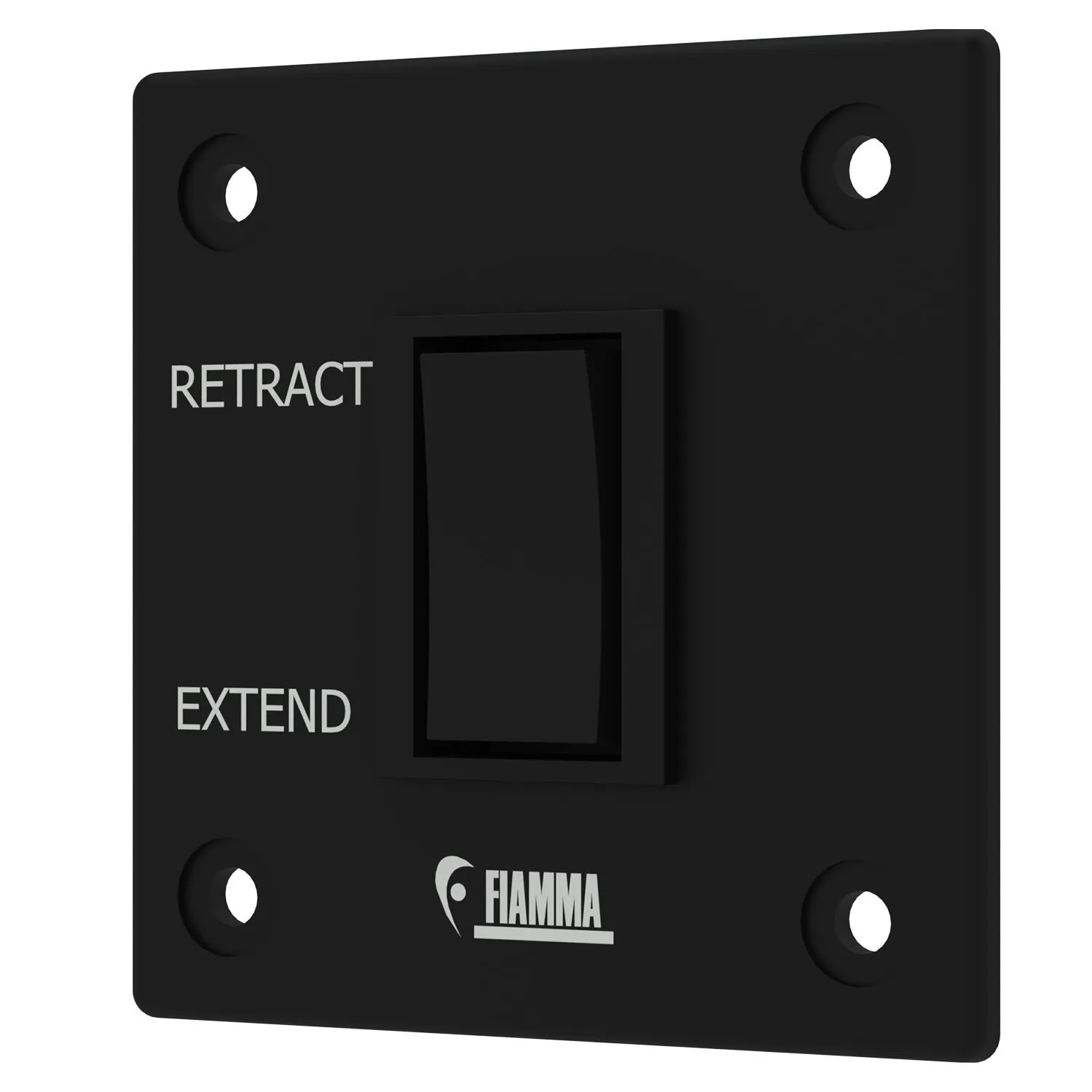 Schwarzes Fiamma-Bedienpanel für das Motor Kit Compact F80s mit zentralem Schalter sowie den Beschriftungen RETRACT und EXTEND