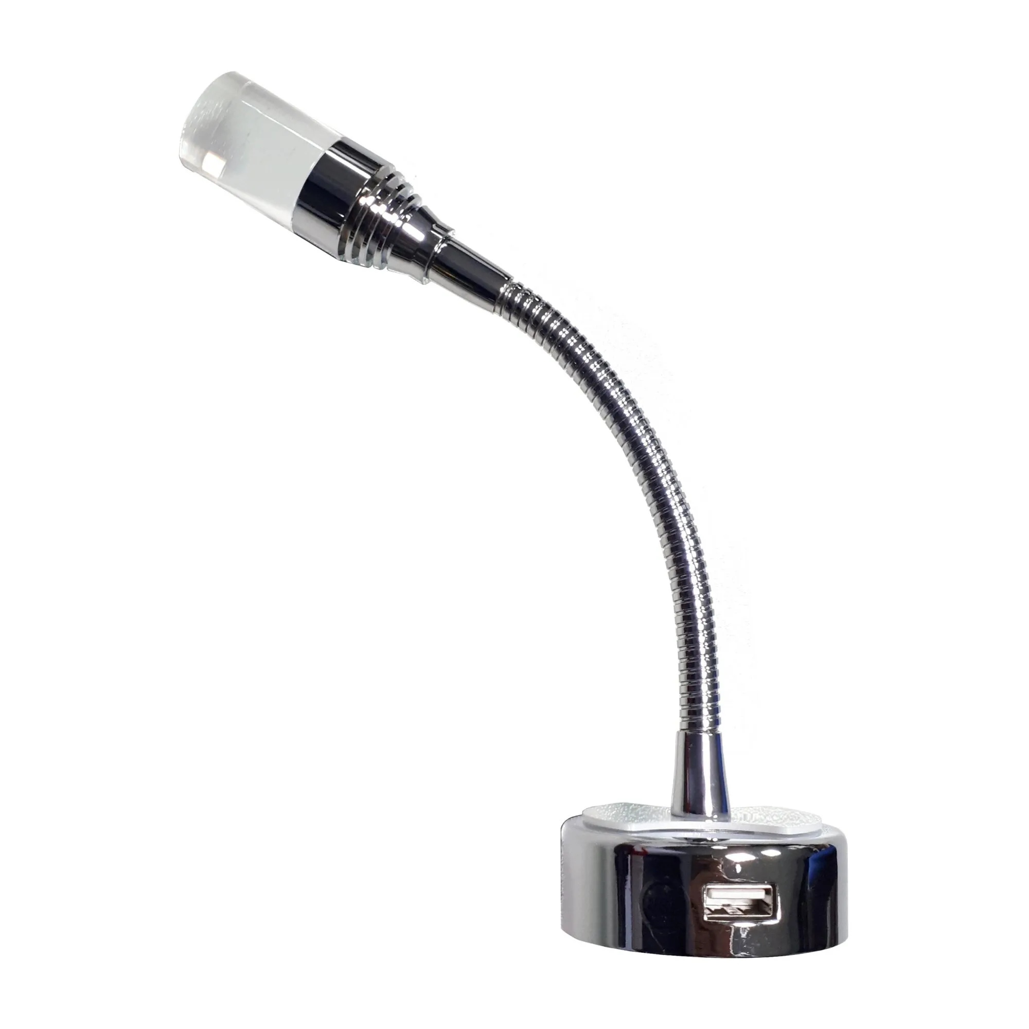 Dimatec Flexi 2 Leseleuchte mit flexiblem Chromarm, transparenter LED-Abdeckung und USB-Anschluss am runden Sockel