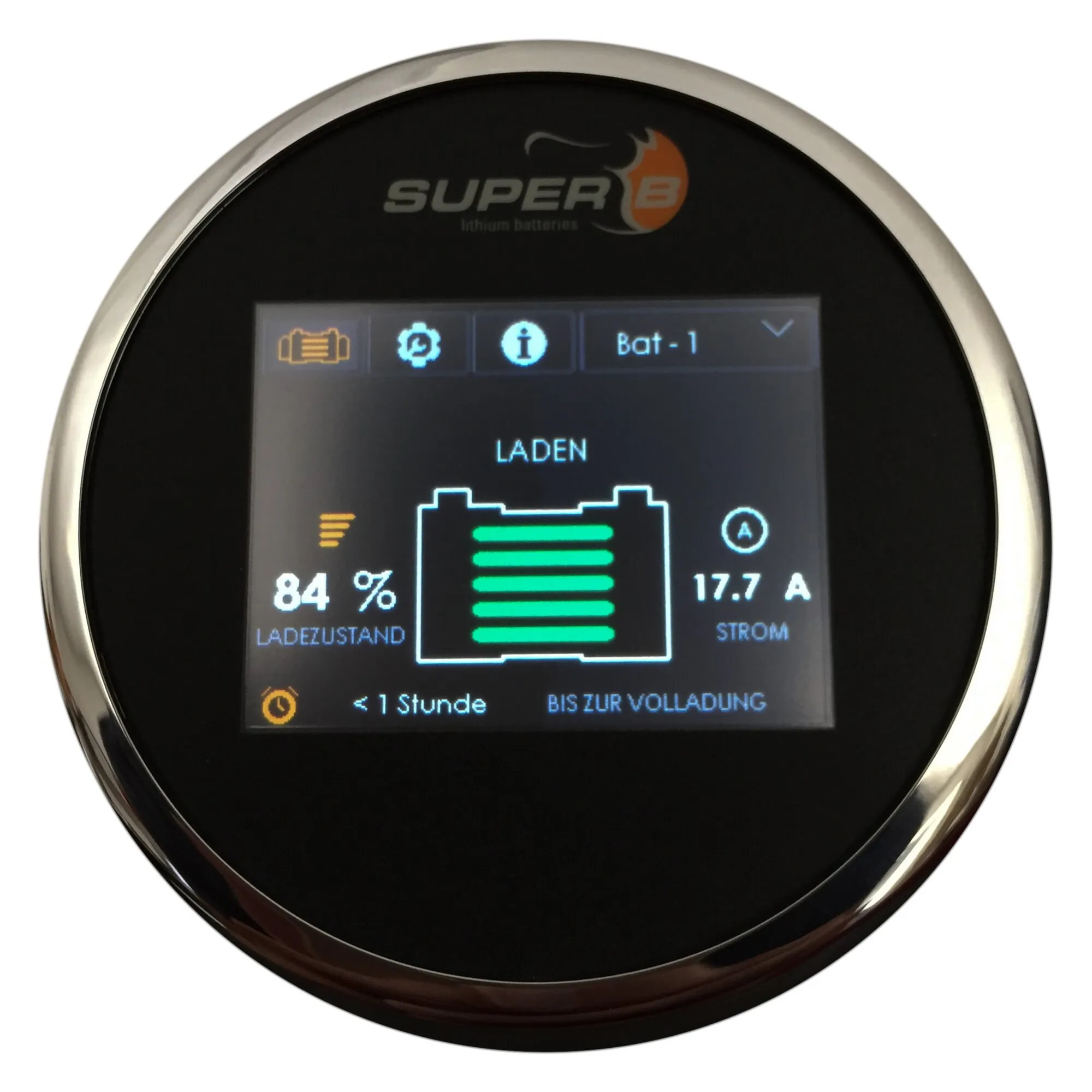 Rundes schwarzes SB-Touchdisplay mit Chromrahmen für Super-B Nomia, Anzeige beim Laden mit 84 % Ladezustand und 17,7 A Strom