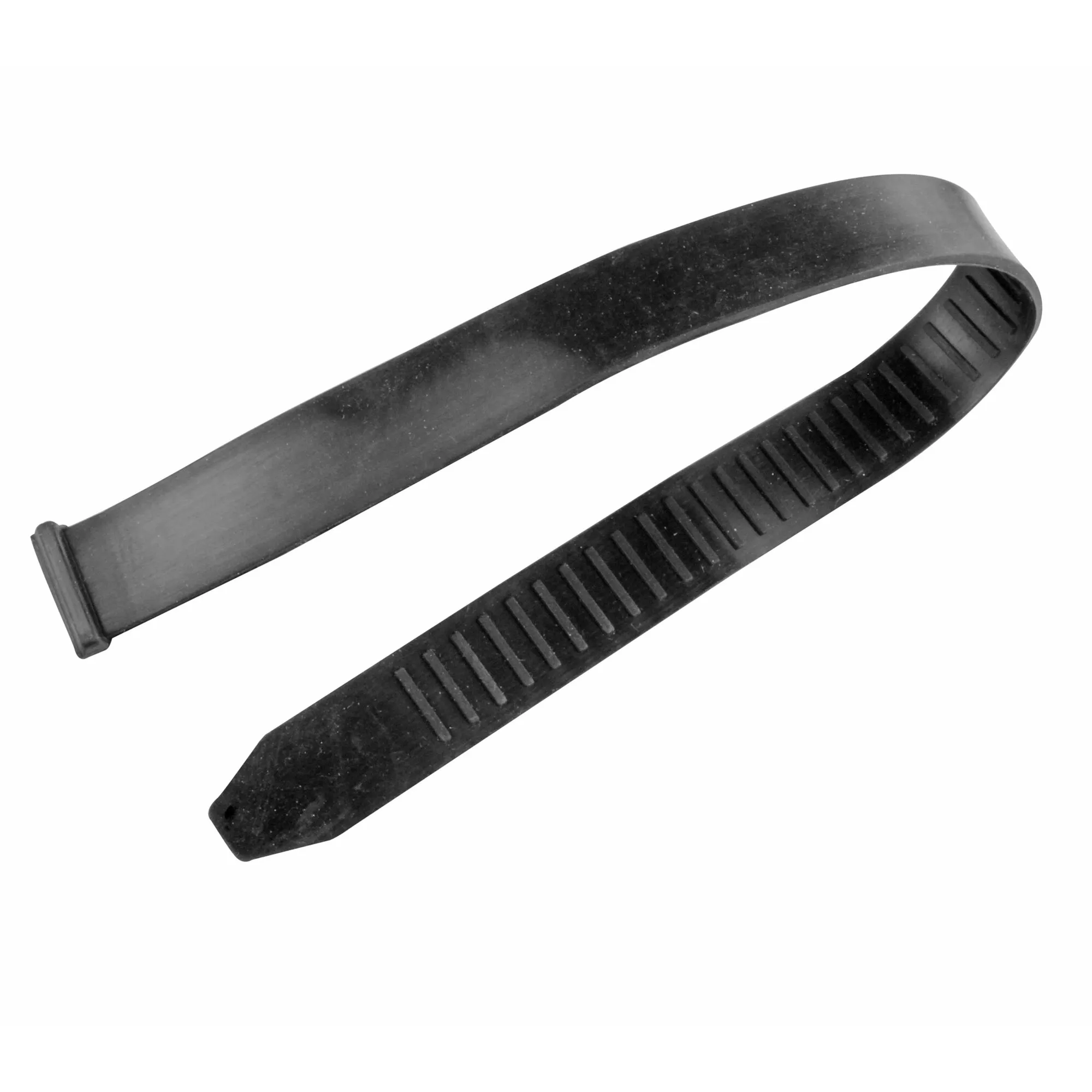 Schwarzes flaches Gummiband in länglicher Schlaufenform mit geriffelter Oberfläche an einem Ende