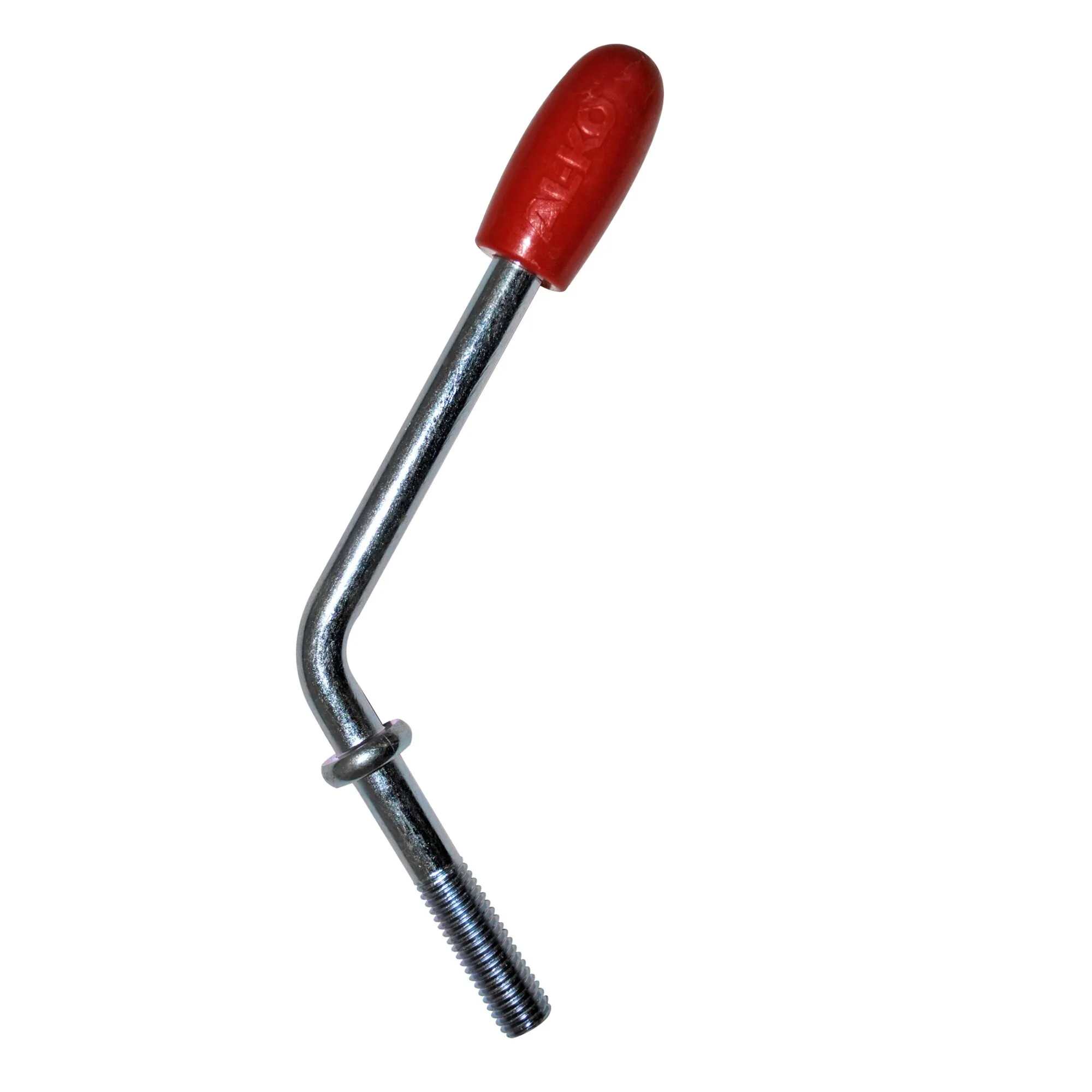Roter AL-KO-Knebel für Klemmhalter mit verchromtem, gebogenem Metallstab, Anschlagring und Gewinde am Ende auf weißem Hintergrund
