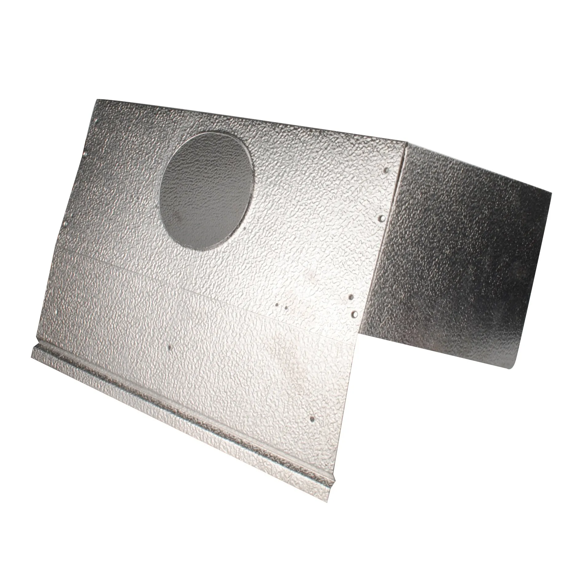 Graues Einbaukasten-Innenteil aus strukturiertem Metall mit runder Öffnung, Befestigungsbohrungen und seitlichem Anschlusskasten