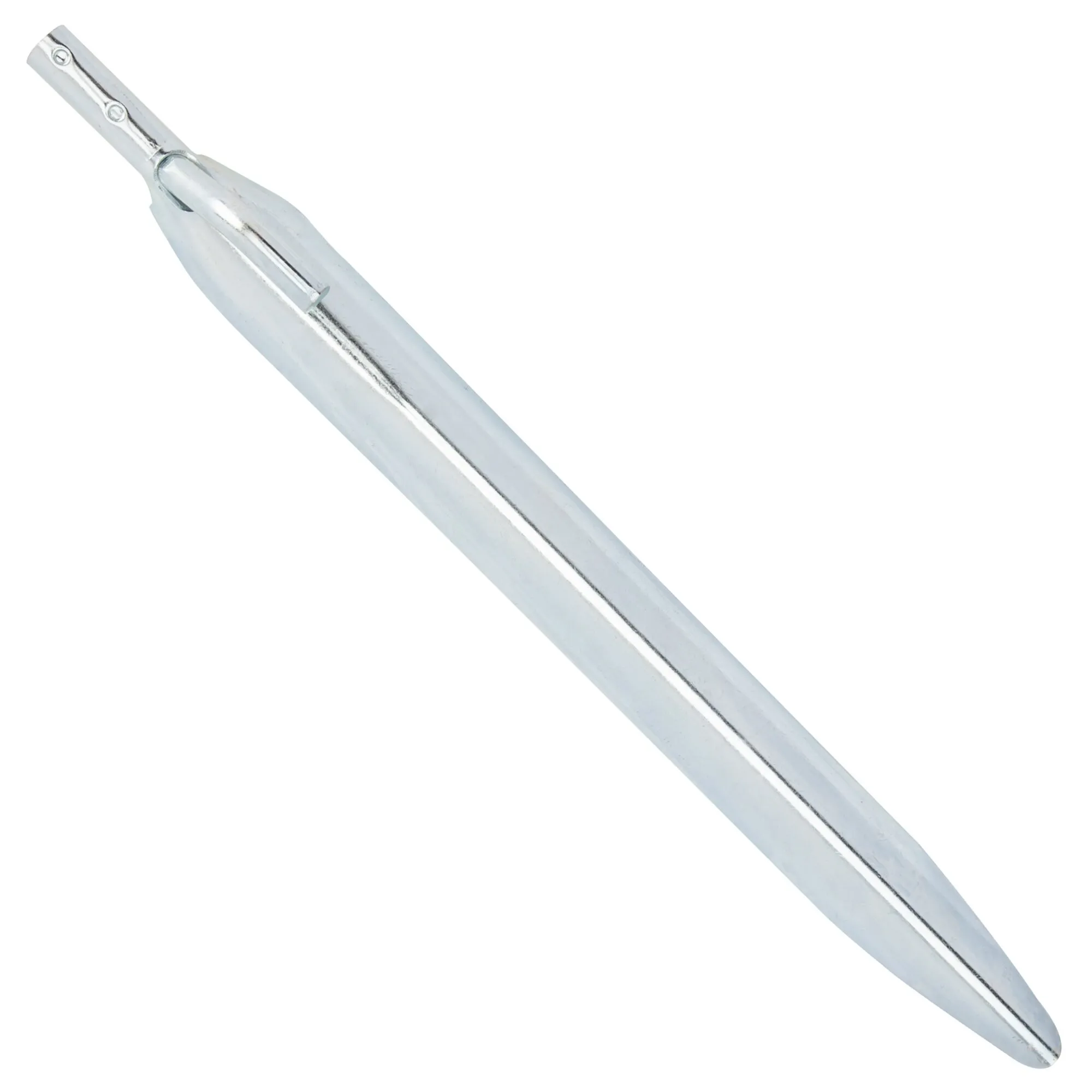 Silberfarbener Zelthering Tirol aus Metall mit flachem Schaft, verstärktem Kopf und spitz zulaufendem Ende, 25 cm lang