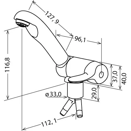 Technische Seitenansicht des Einhebelmischers Keramik Style mit gebogenem Auslauf, seitlichem Hebel, Anschlüssen und Maßangaben in Millimetern
