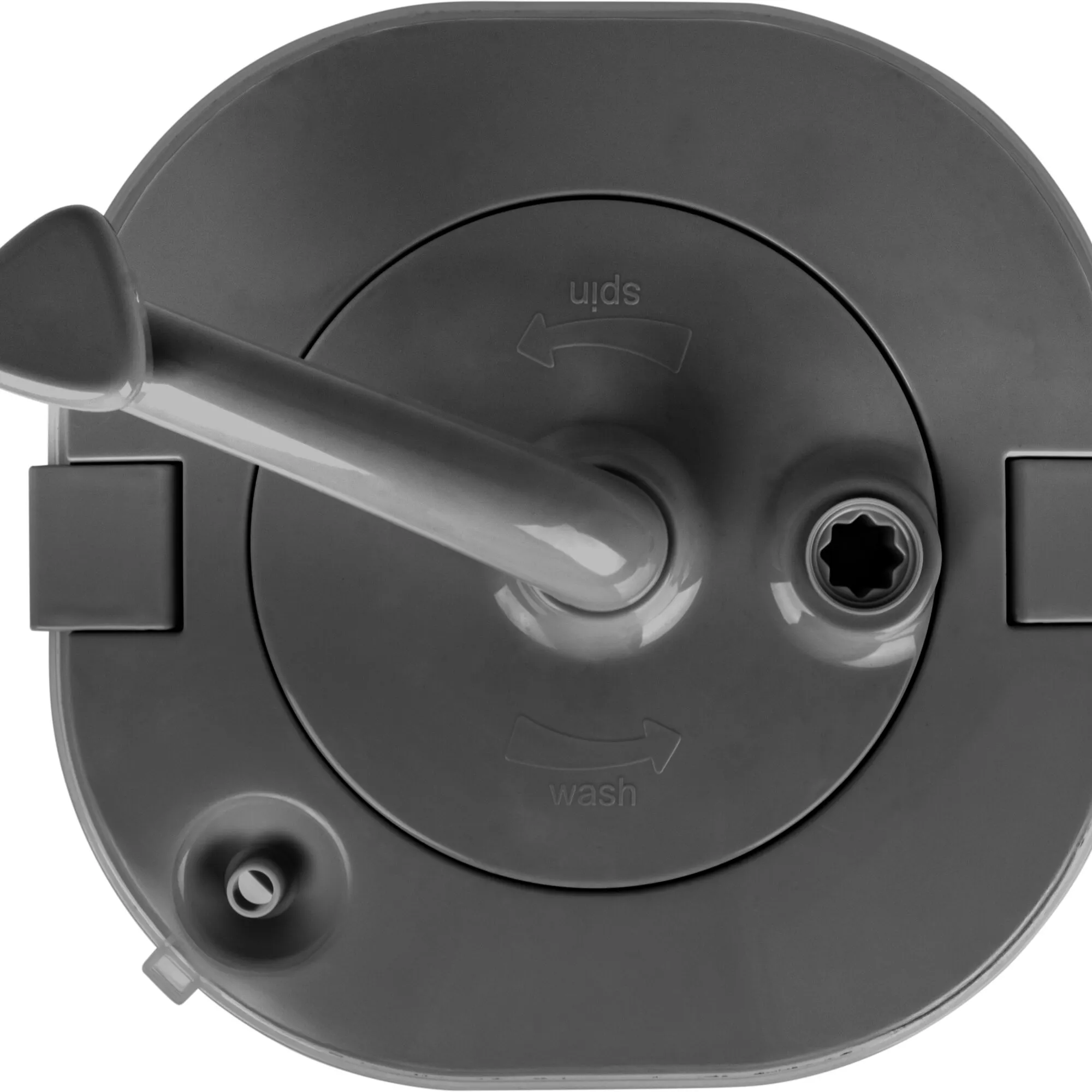 Draufsicht auf den grauen Deckel der Waschmaschine Momentum mit zentralem Wasch- und Schleuderschalter, Griff und Verschlüssen