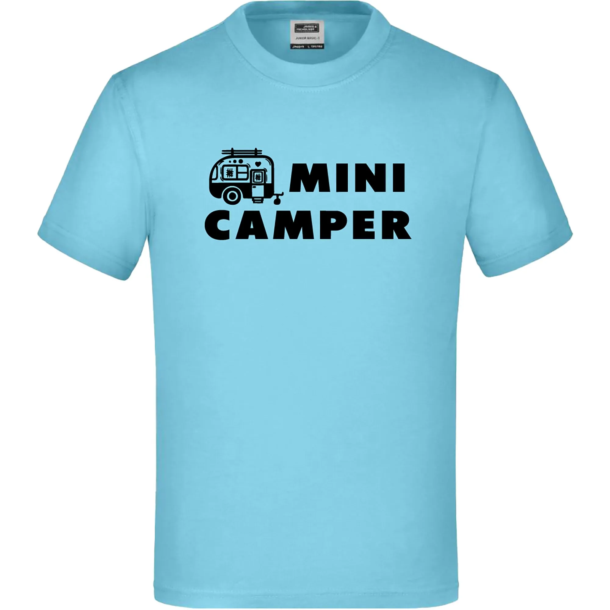 Hellblaues T-Shirt für Kinder in Größe 122/128 mit Rundhalsausschnitt, kurzen Ärmeln und schwarzem Wohnwagenmotiv mit dem Schriftzug MINI CAMPER