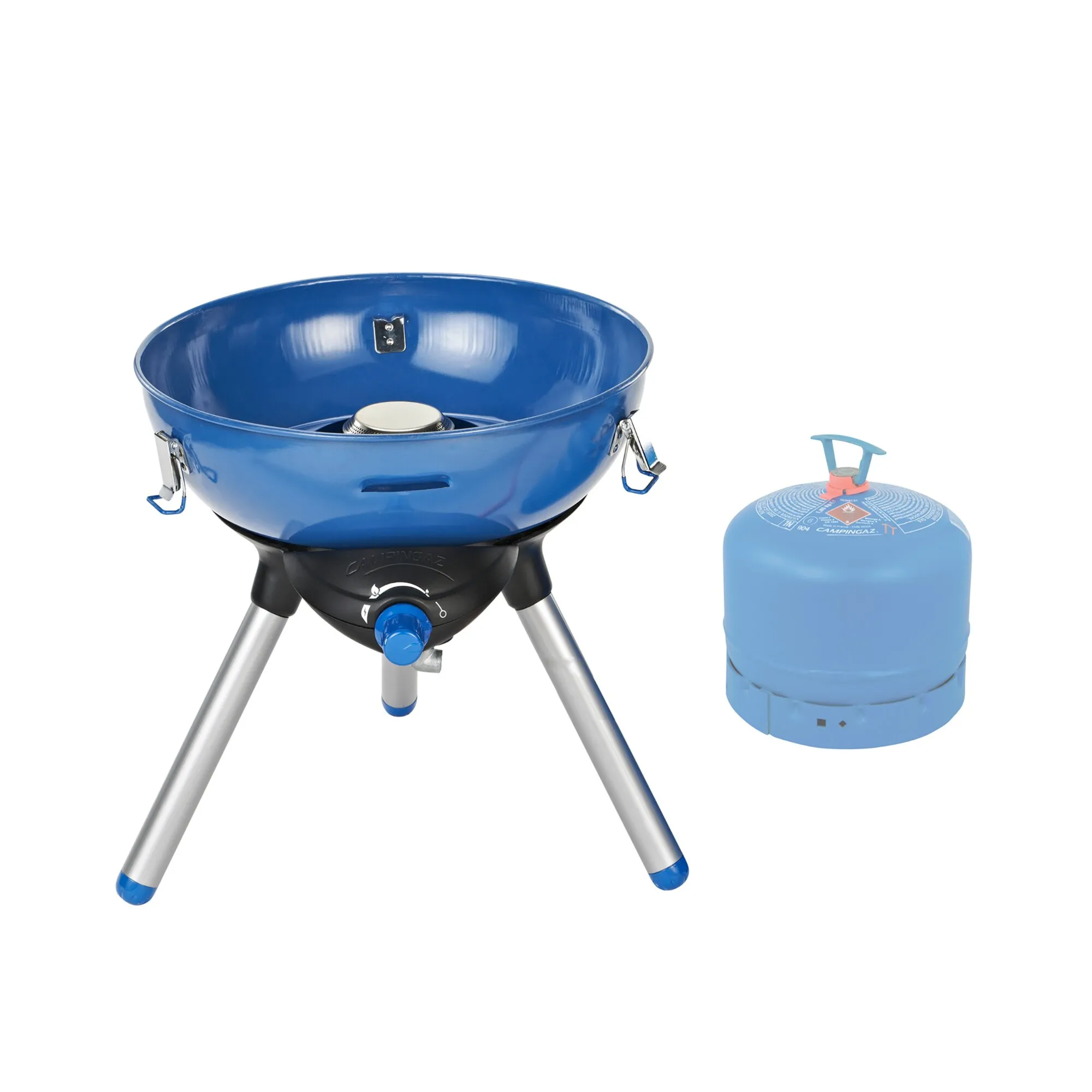 Blauer Camping-Gasgrill Party Grill 400 R mit drei Standbeinen und separater blauer Gaskartusche