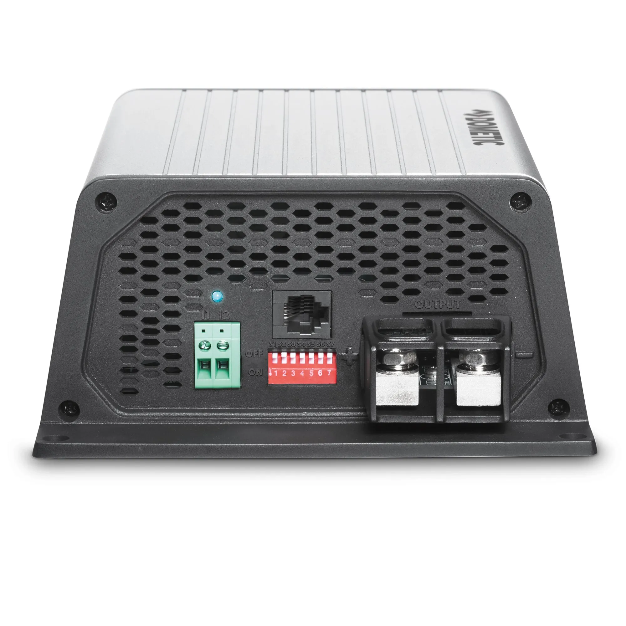 DCC-Ladebooster PerfectPower mit 20 A, silbernem Metallgehäuse, Lüftungsgitter, LED, Anschlüssen und DIP-Schaltern