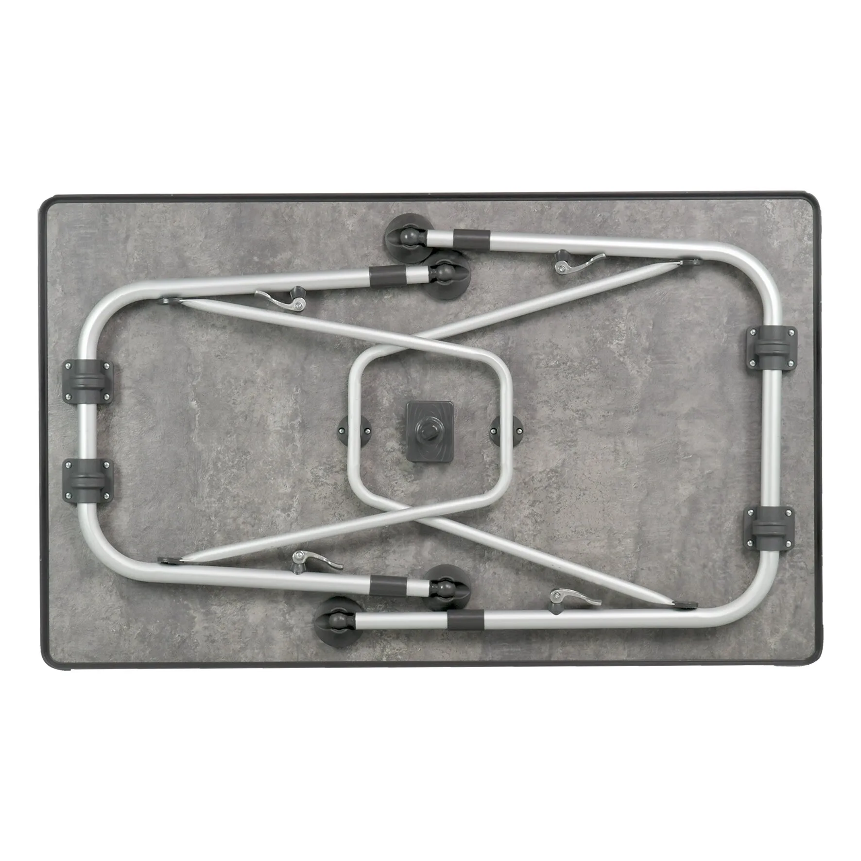 Campingtisch Superb, 80 cm, mit grauer Tischplatte und zusammengeklapptem weißen Metallgestell in Draufsicht