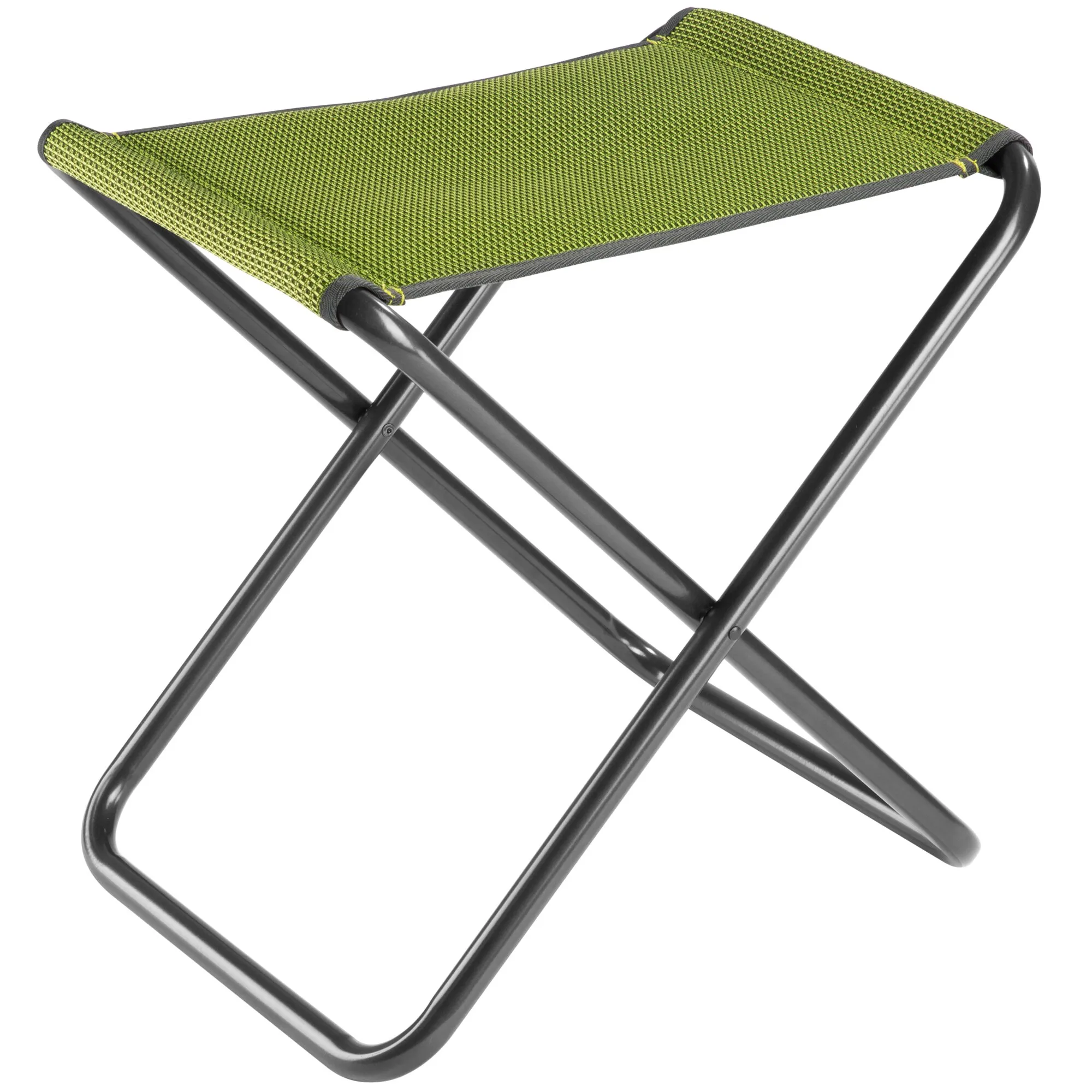 Hocker HighQ mit hellgrüner, gewebter Sitzfläche und schwarzem, klappbarem Kreuzgestell aus Metall