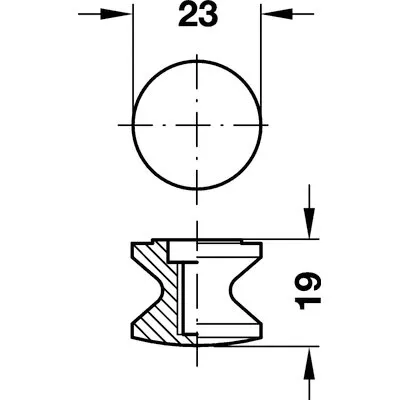 Technische Maßzeichnung eines Druckknopfs mit Draufsicht und Schnittansicht, Durchmesser 23 mm und Höhe 19 mm