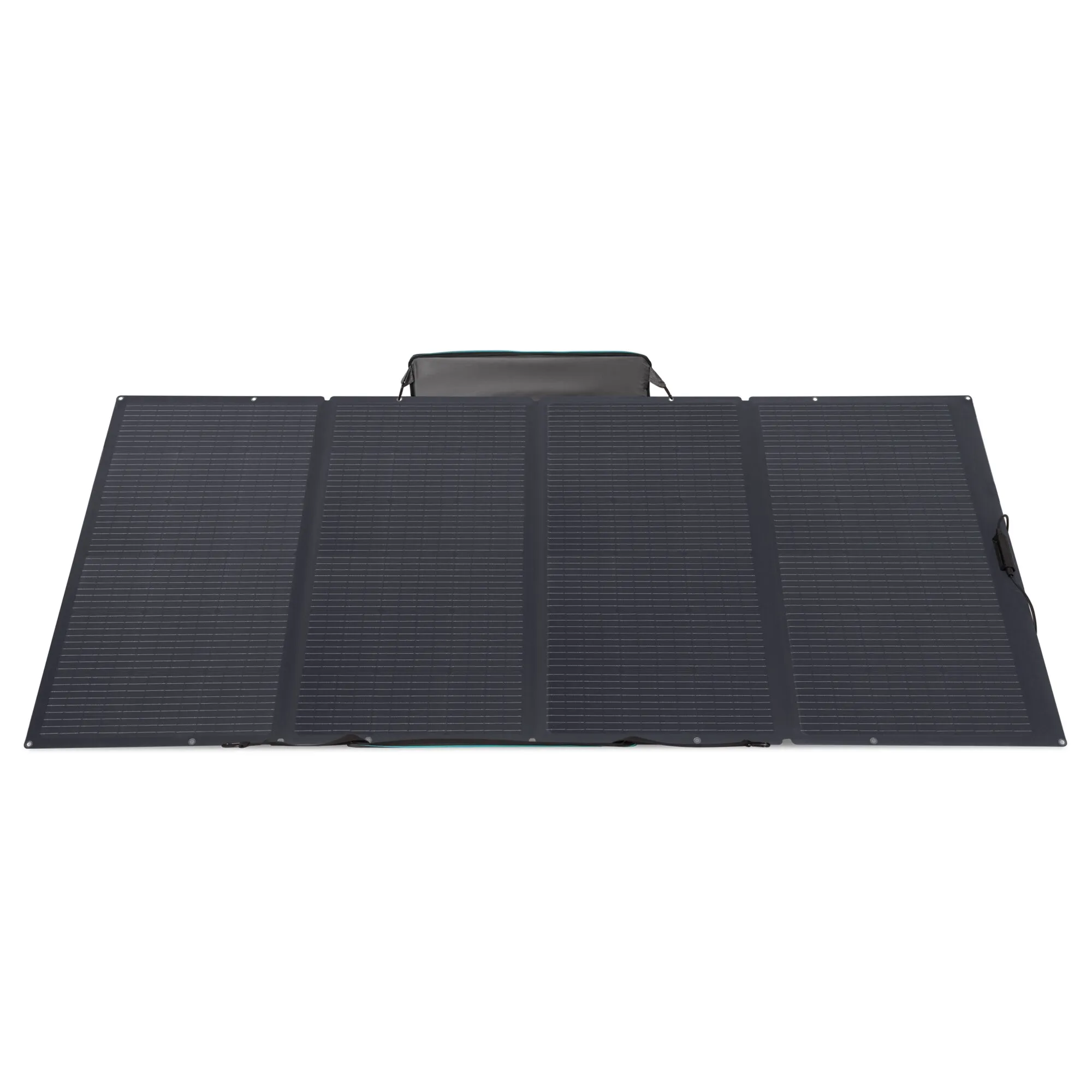 Faltbares schwarzes Solarmodul mit vier ausklappbaren Solarflächen, Tragegriff und seitlichem Anschlusskabel, 400 Wp