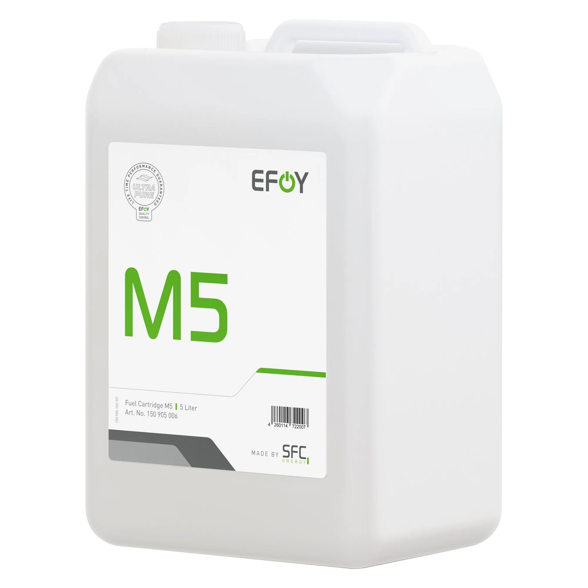 Weiße EFOY-Tankpatrone M5 mit 5 Litern Fassungsvermögen, Schraubverschluss, Tragegriff und Produktetikett