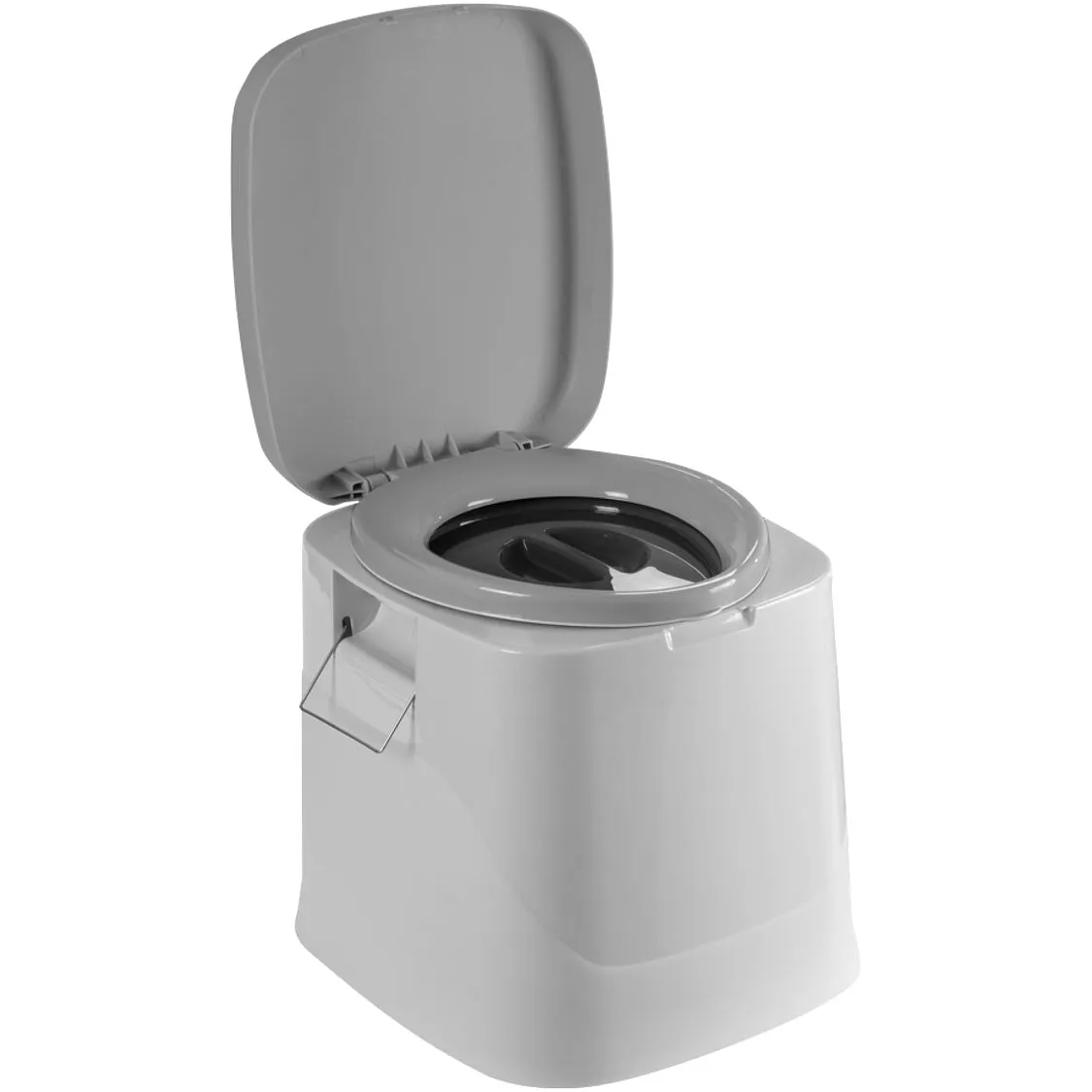 Graue Eimertoilette Optiloo mit geöffnetem Deckel, ovaler Toilettenöffnung und herausziehbarem Tragegriff an der Seite