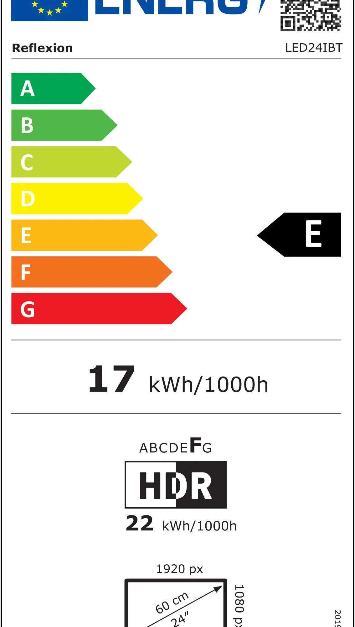 Energieeffizienzlabel des Reflexion LED24IBT mit 23,6 Zoll, Klasse E, 17 kWh/1000h und HDR-Verbrauch 22 kWh/1000h