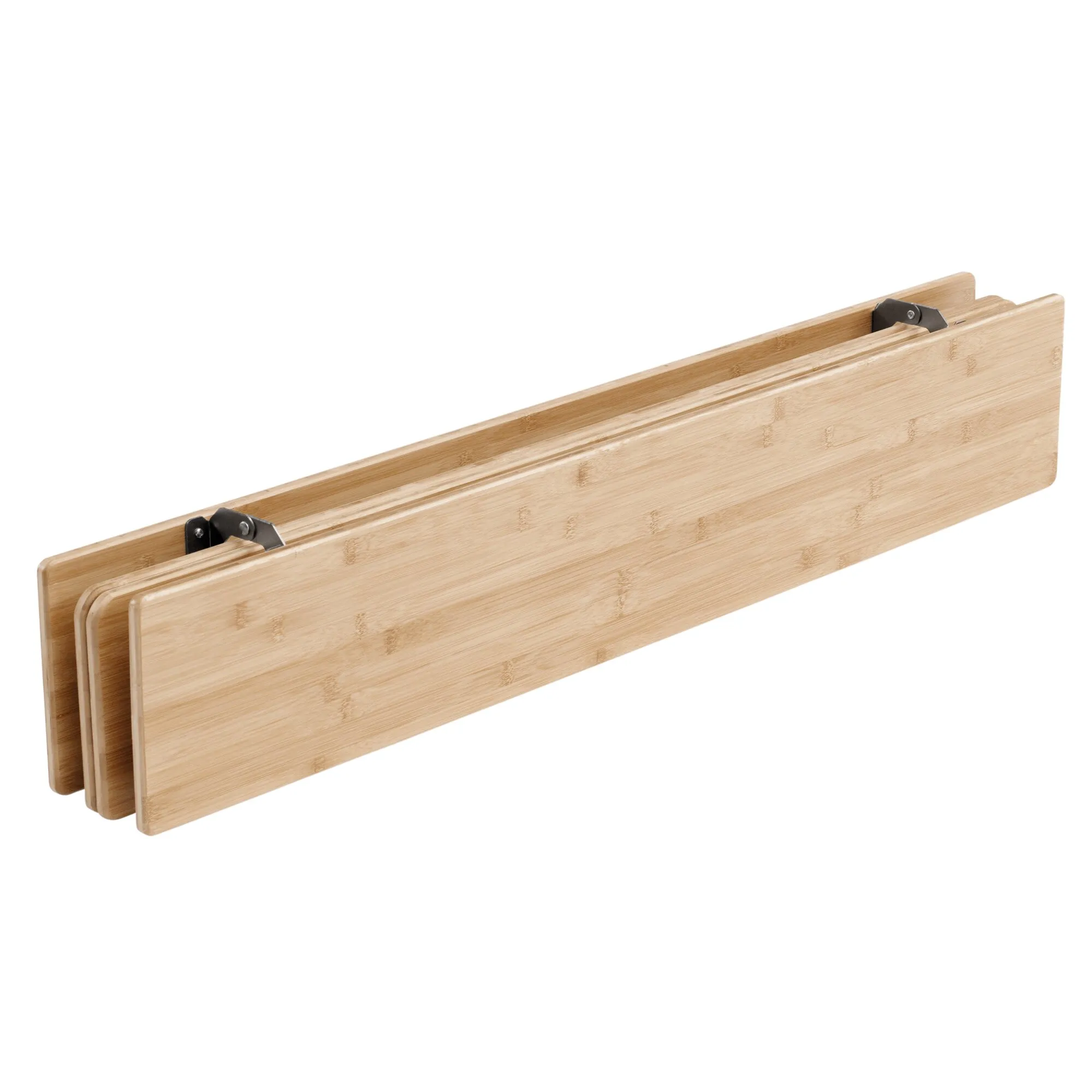 Zusammengeklappter Bambustisch Custer in Naturfarbe mit abgerundeten Kanten und schwarzen Metallbeschlägen, 100 cm lang
