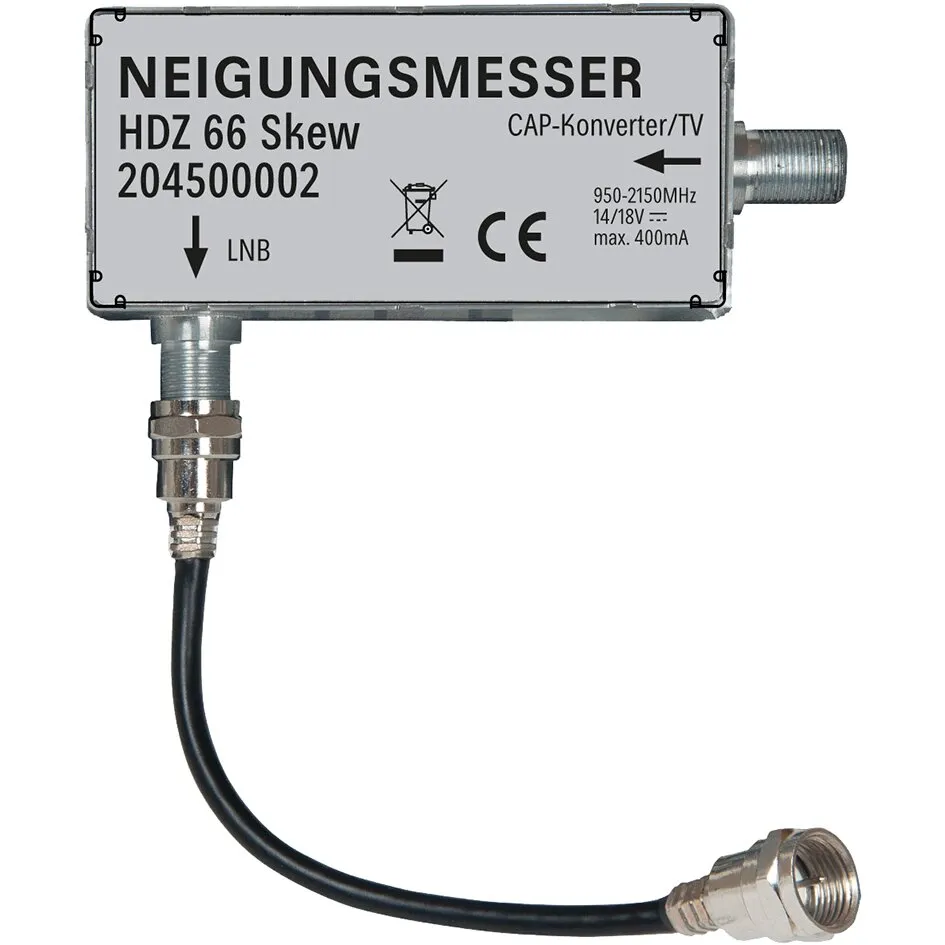 Neigungsmesser HDZ 66 Skew für Sat-Anlagen mit grauem Gehäuse, Koaxialanschlüssen und schwarzem Anschlusskabel