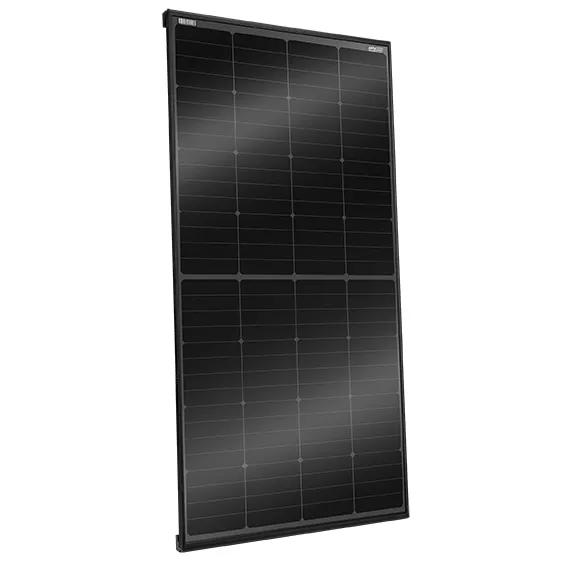 tHENERGY Sunsolid 235 Solarmodul, schwarzes rechteckiges Paneel mit sichtbarem Zellraster, im Rahmen eingefasst und leicht geneigt