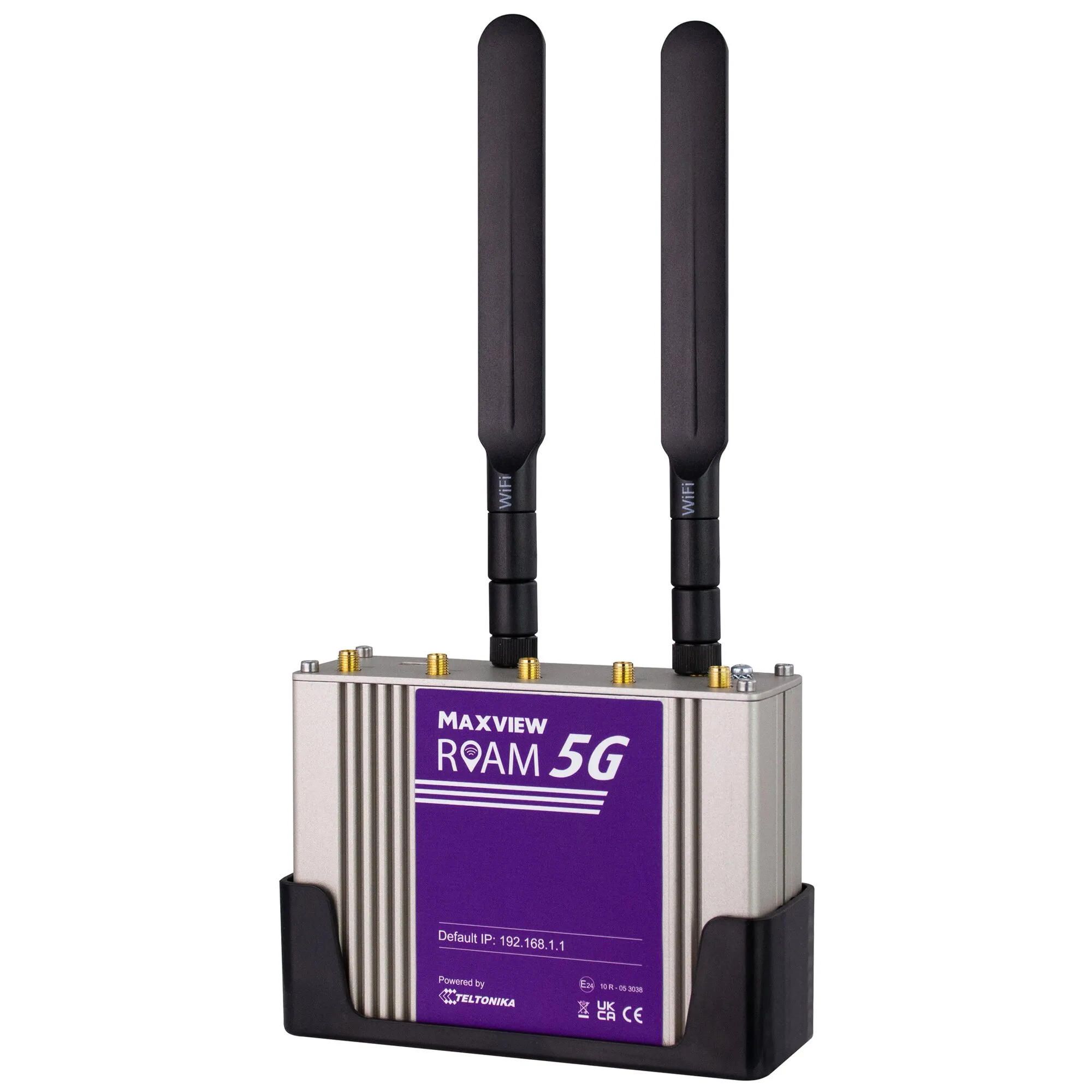 Maxview Roam 5G Routerset mit silbernem Metallgehäuse, violettem Label und zwei schwarzen WLAN-Antennen