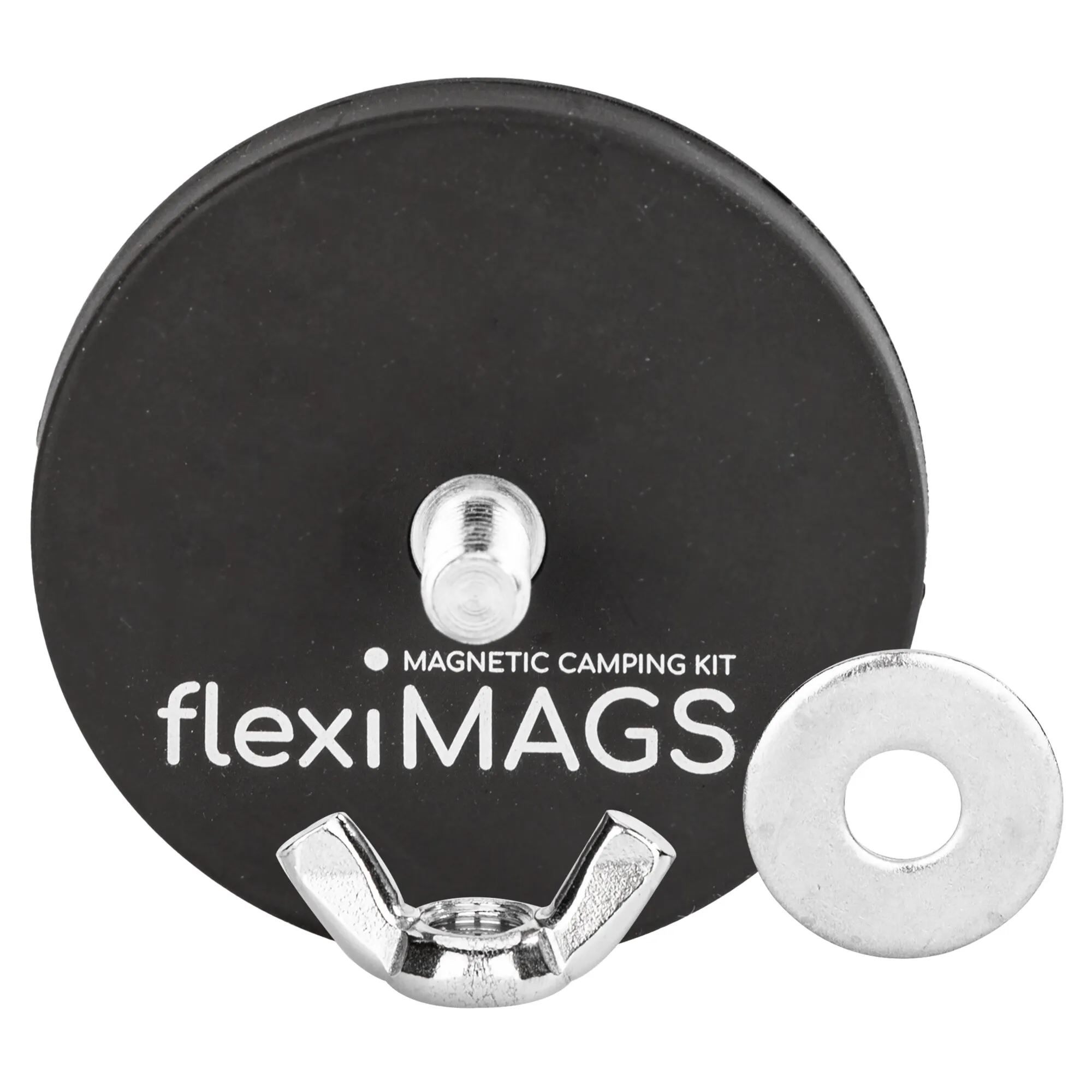 Schwarzes rundes Vanlett flexiMAGS Tablett mit sichtbarer Magnethalterung, Flügelmutter und Metallscheibe in Nahaufnahme