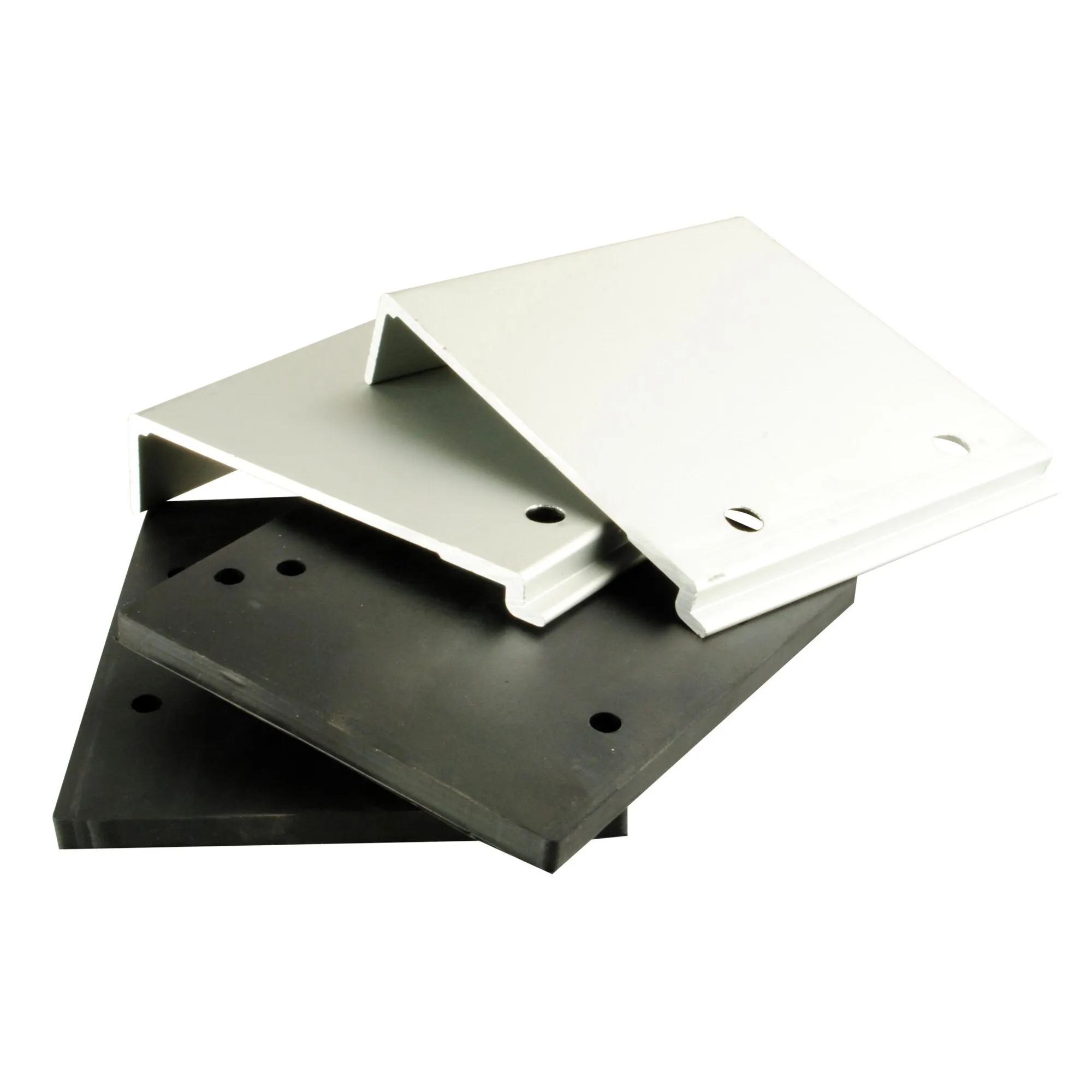 Weißer und schwarzer Markisenadapter aus Metall mit mehreren Bohrungen und abgewinkelten Montageplatten für Westfalia High Roof F45