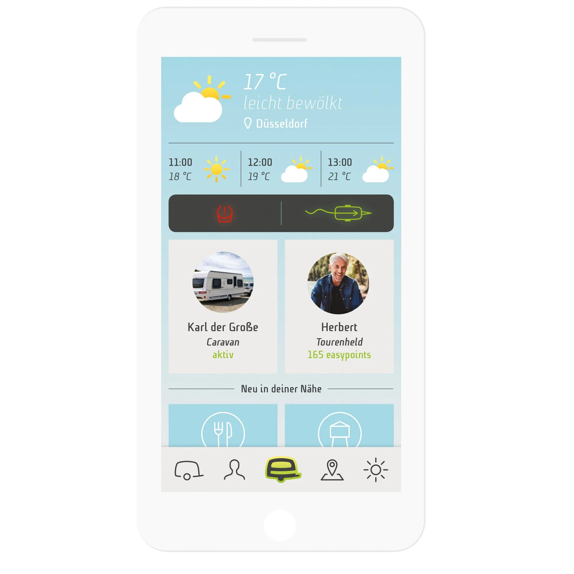 Smartphone mit der easydriver-App zeigt Wetterdaten für Düsseldorf, Caravan Karl der Große, Tourenheld Herbert und Navigationssymbole