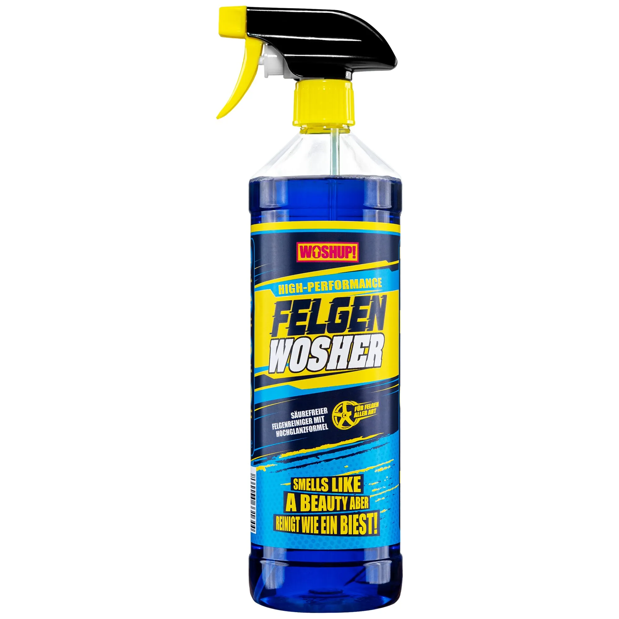 Blauer 1-Liter-Felgenreiniger Felgen Wosher in transparenter Sprühflasche mit gelb-schwarzem Sprühkopf