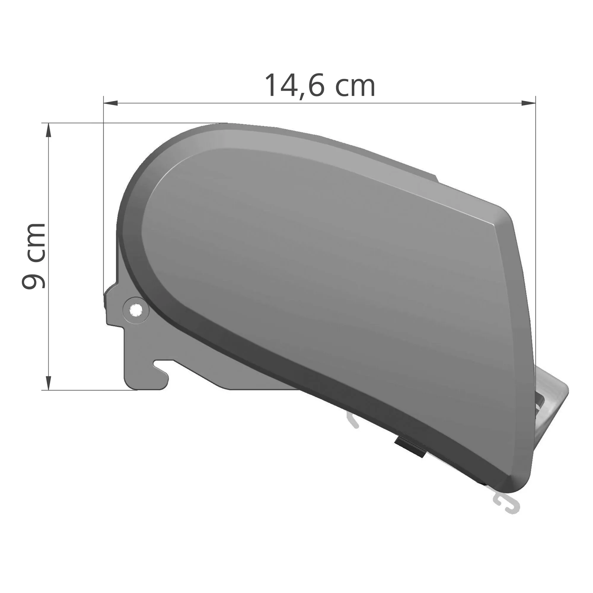 Anthrazitfarbene Seitenansicht der Markise Thule Omnistor 6300 mit geschlossenem Gehäuse, Maßangaben 14,6 cm und 9 cm