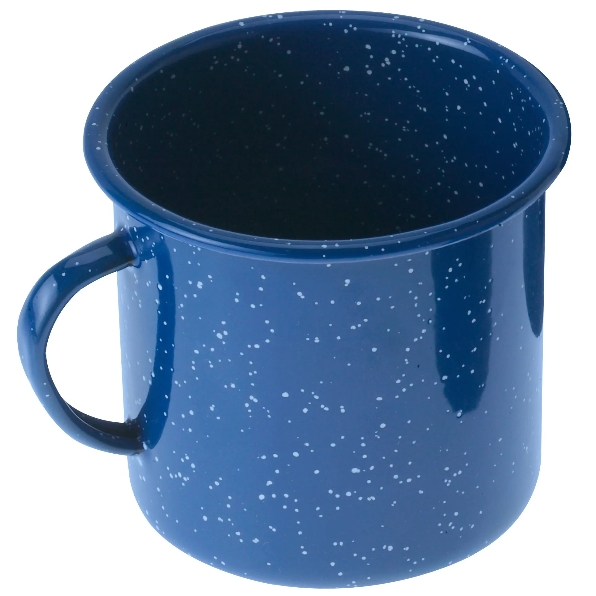 Blaue Emaille-Espressotasse mit weißer Sprenkelung, abgerundetem Rand und seitlichem Henkel in Detailansicht