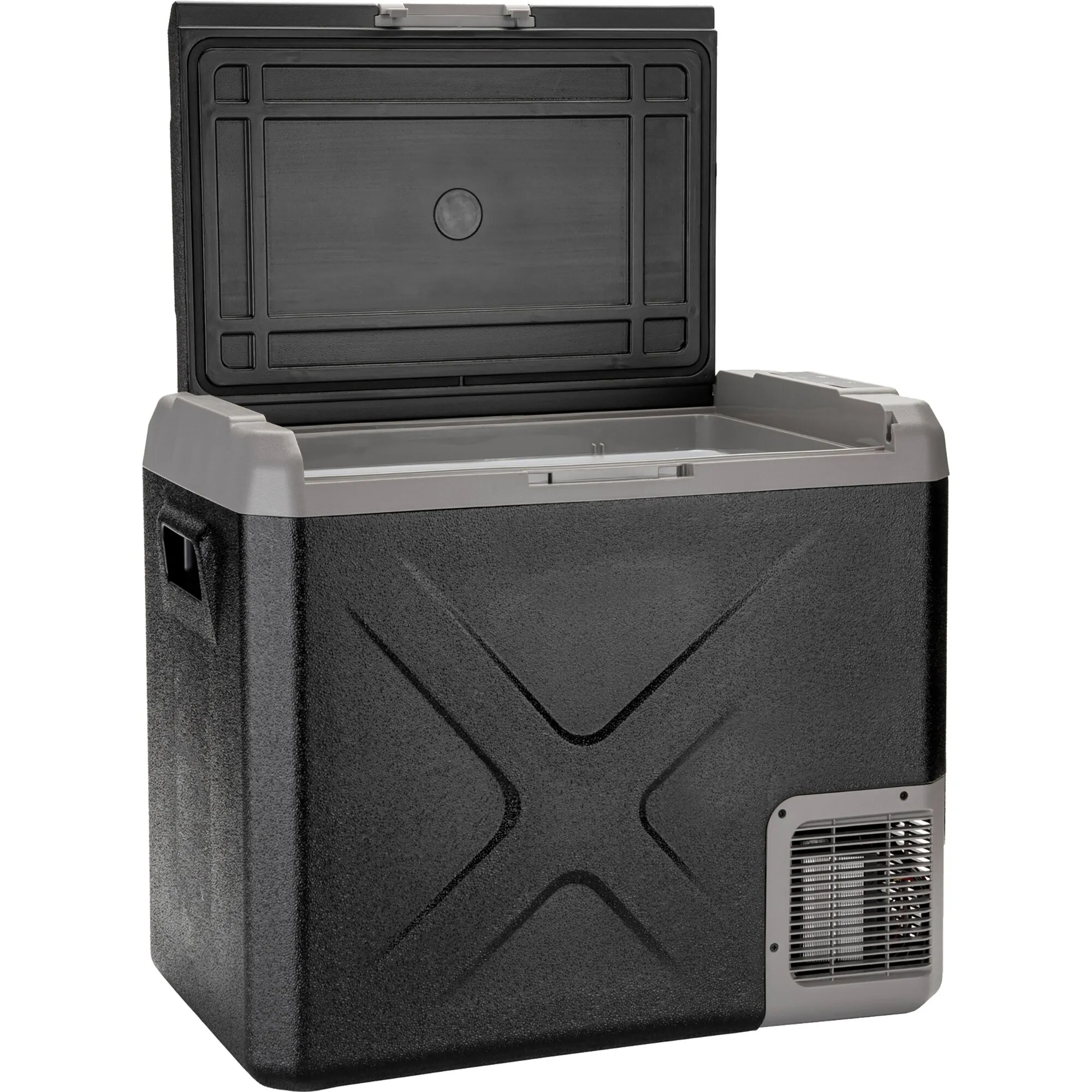 Schwarze Kühlbox Polarys Freeze SZ mit geöffnetem Deckel, sichtbarem Innenraum, seitlichem Griff und Front-Lüftungsgitter
