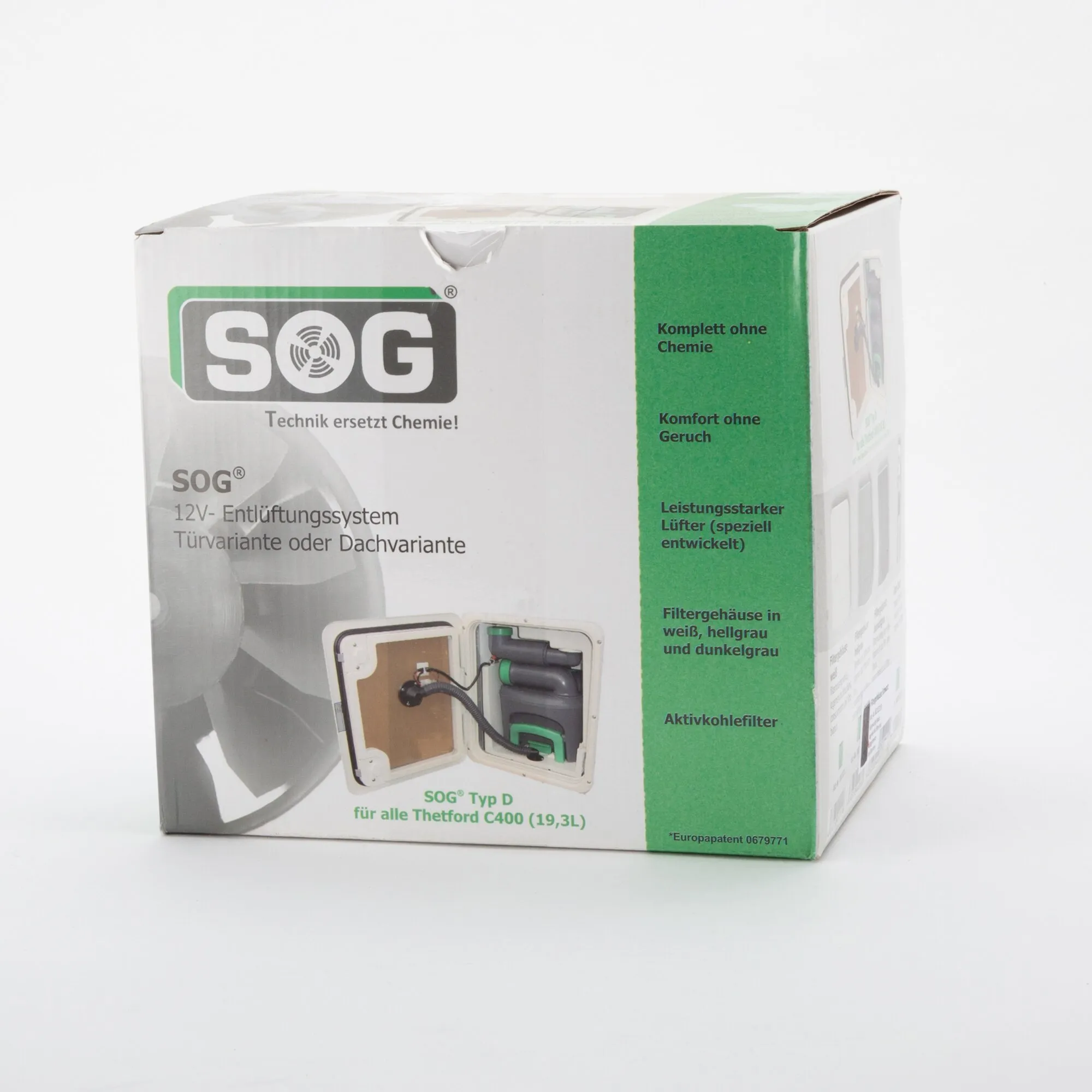 Verpackung der SOG 12-Volt-WC-Entlüftung Typ D für Thetford C400, Türvariante in Dunkelgrau, mit Produktabbildung