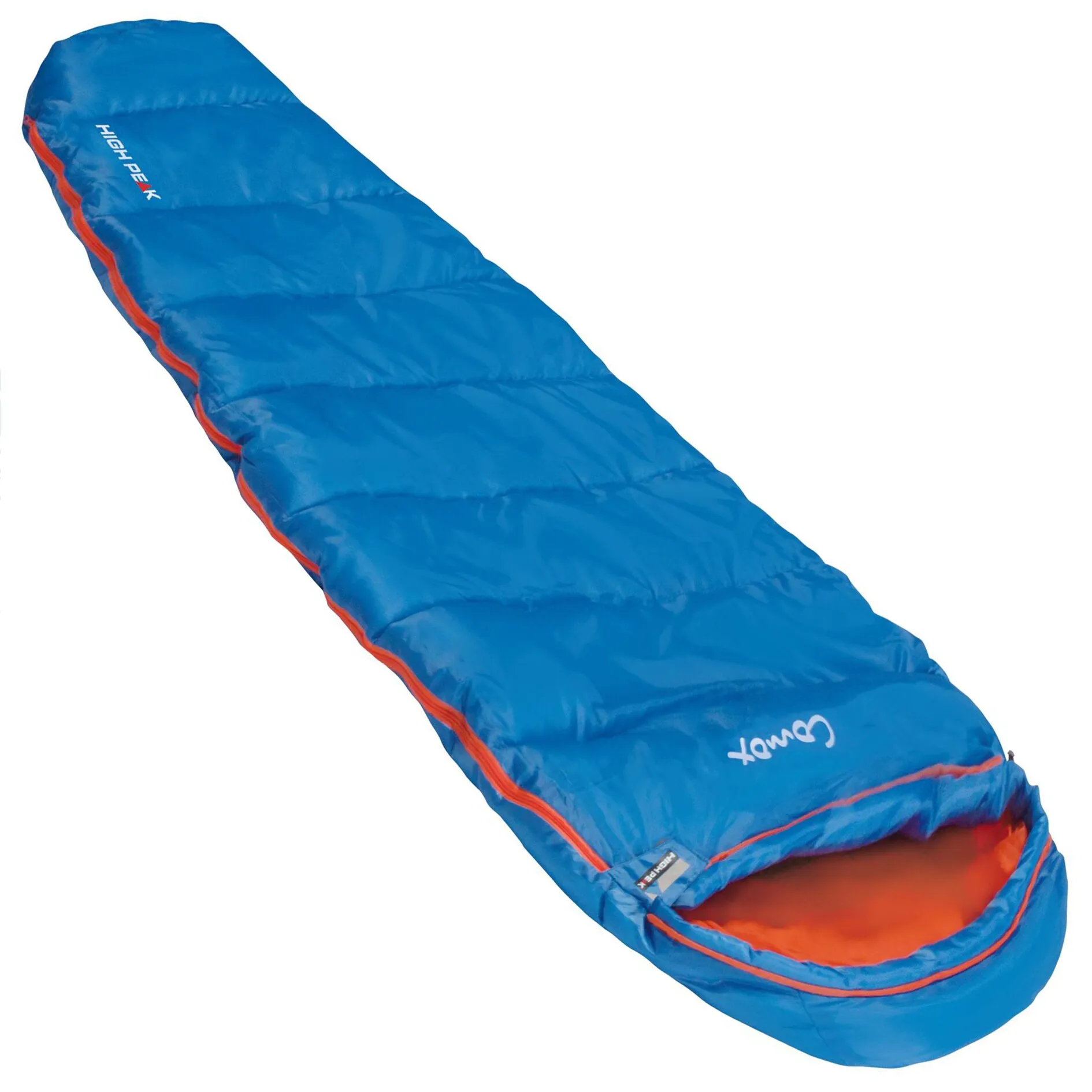 Blauer Kinderschlafsack Comox mit orangefarbenem Innenfutter, umlaufendem Reißverschluss und gesteppten Wärmefächern