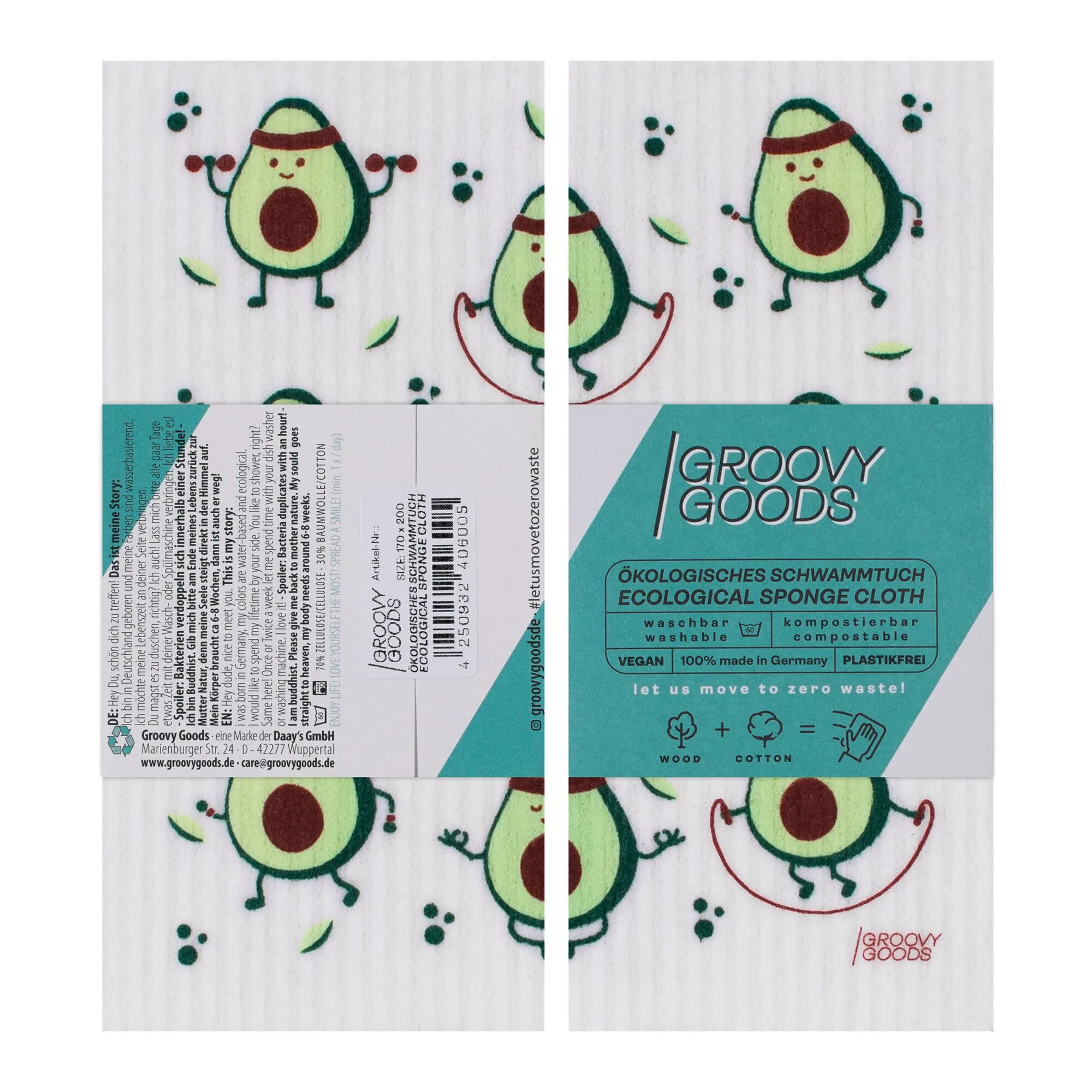 Ökologisches Schwammtuch von Groovy Goods mit grünem Avocado-Muster und Verpackung mit Angaben zu Waschbarkeit und Kompostierbarkeit