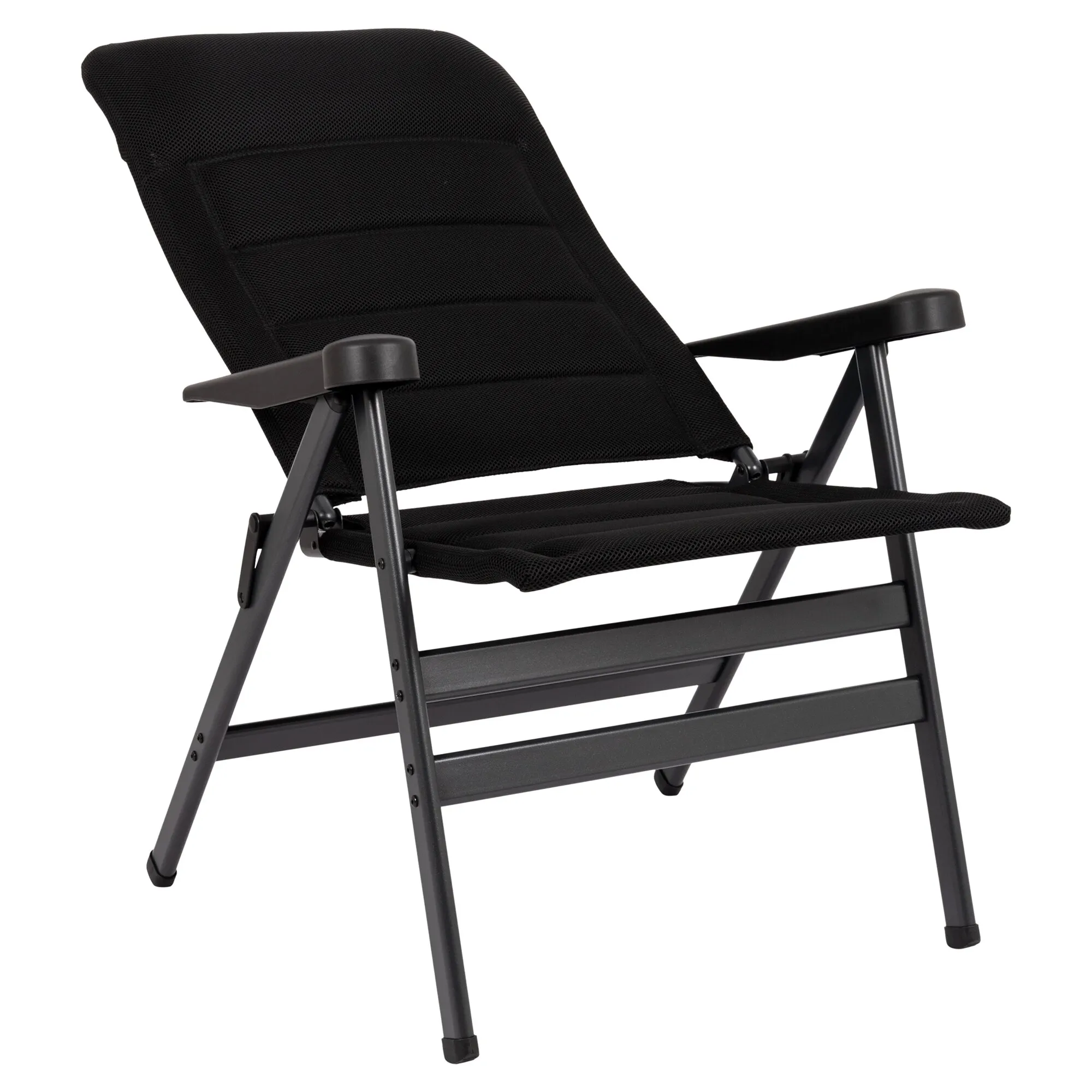 Schwarzer Campingstuhl AP/238 Air-Deluxe mit verstellbarer Rückenlehne, Armlehnen und klappbarem Metallgestell