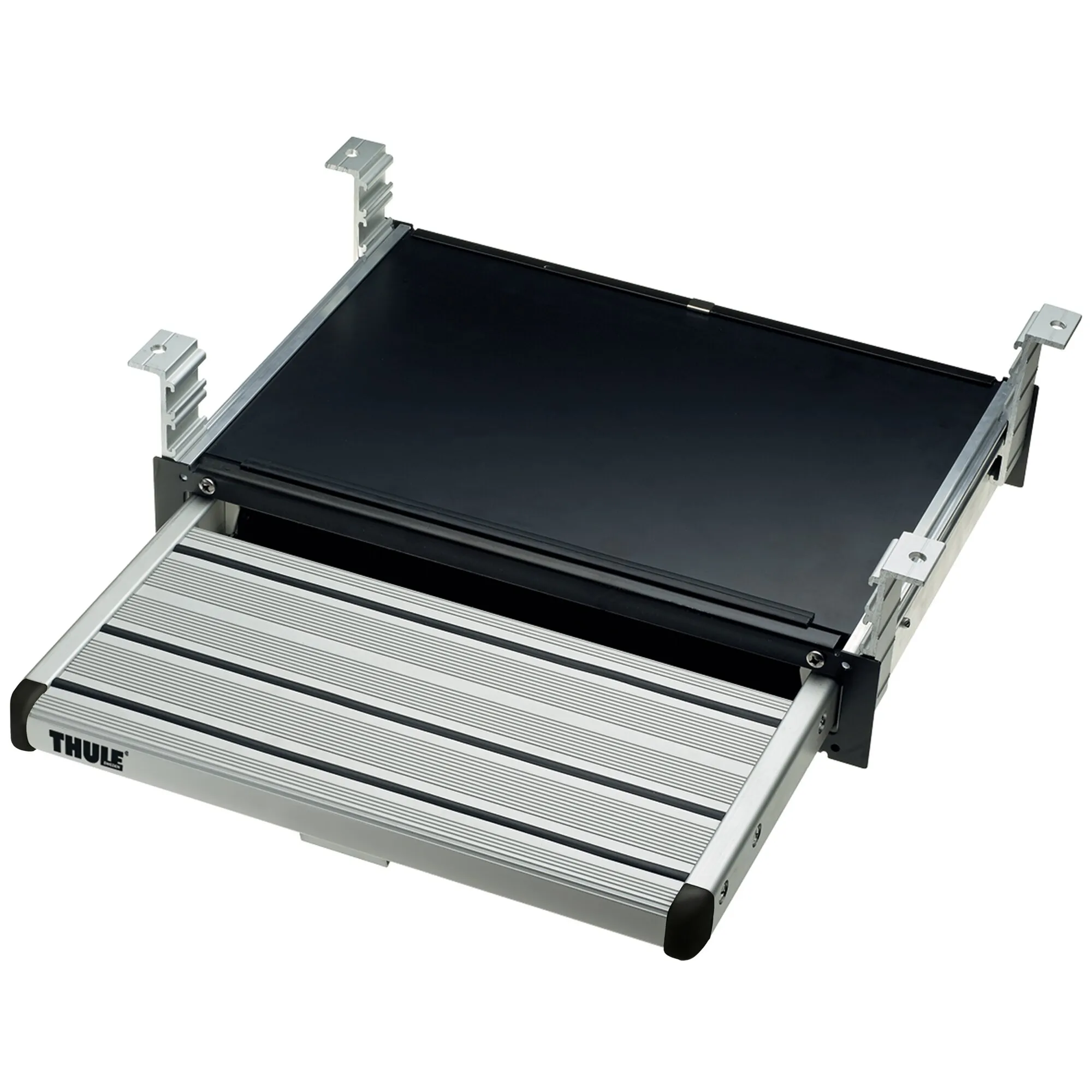 Manuelle Thule Slide-Out Step 400 Trittstufe aus Aluminium mit geriffelter rutschhemmender Oberfläche, ausgezogen dargestellt