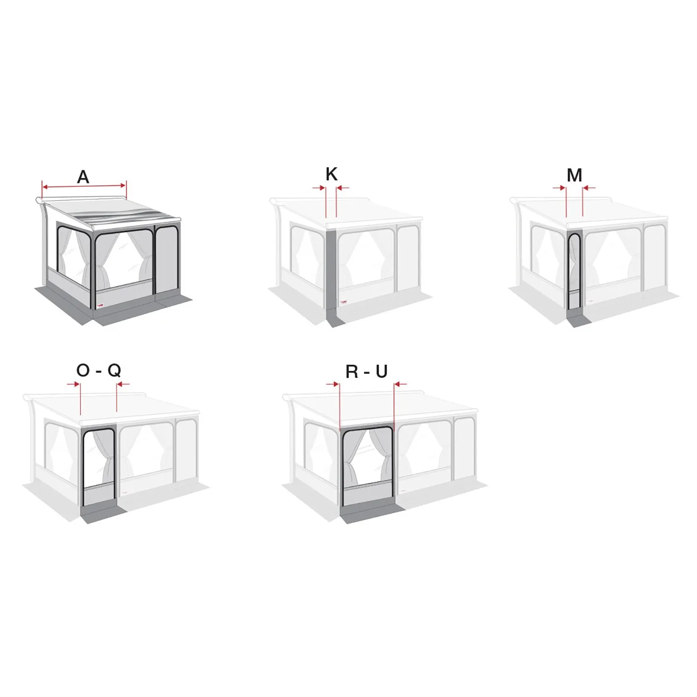 Technische Übersicht der grauen Privacy Room Frontpanele 130 mit fünf Frontwandvarianten und Maßangaben A, K, M, O–Q und R–U