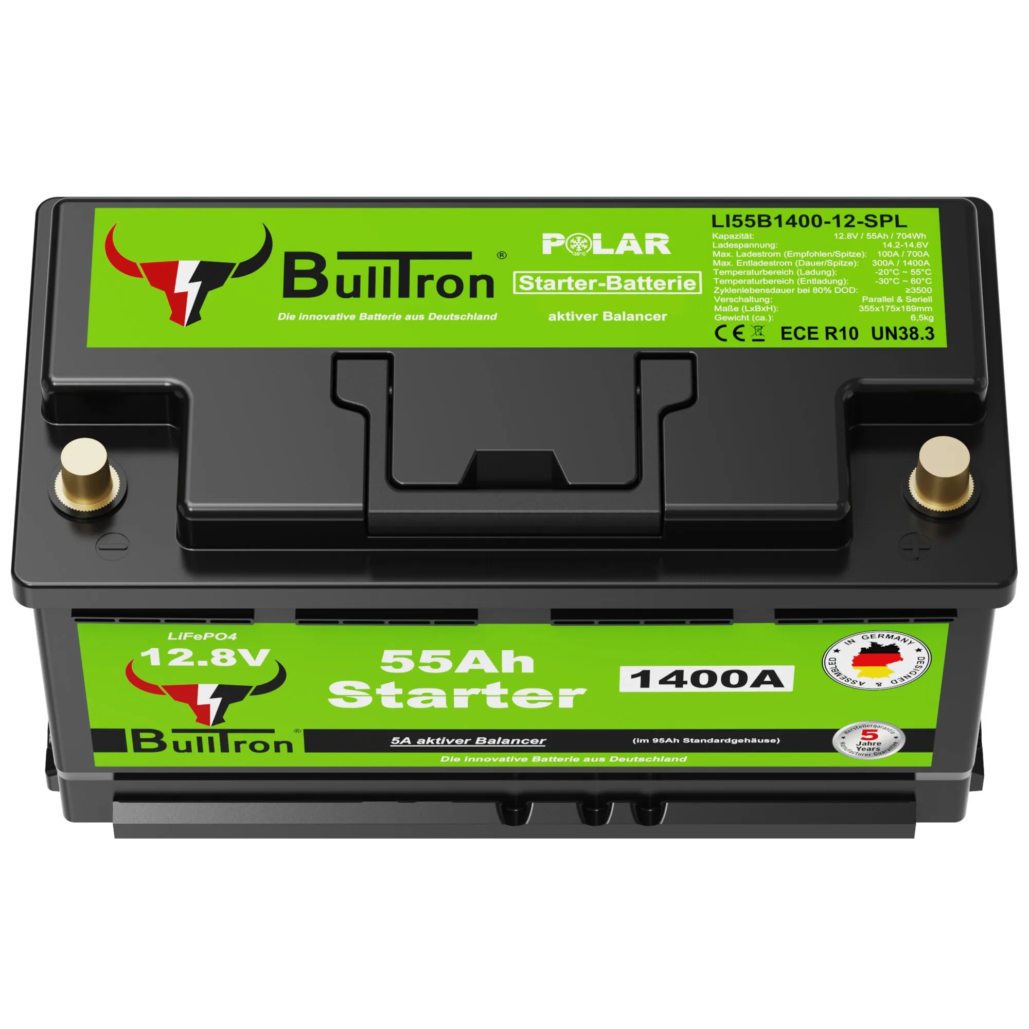 Schwarze BullTron Lithium-Starterbatterie LiFePO4 mit 12,8 V, 55 Ah und 1400 A, sichtbaren Plus- und Minuspolen sowie Tragegriff