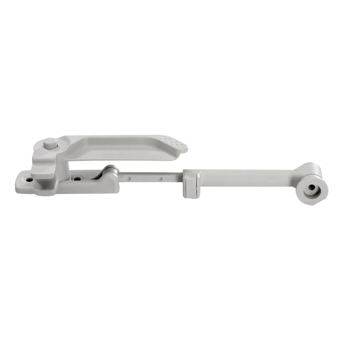 Weißer Fensteraussteller S6 als 380-mm-Set mit langem Hebelarm, Gelenk und Befestigungsöffnungen in Seitenansicht