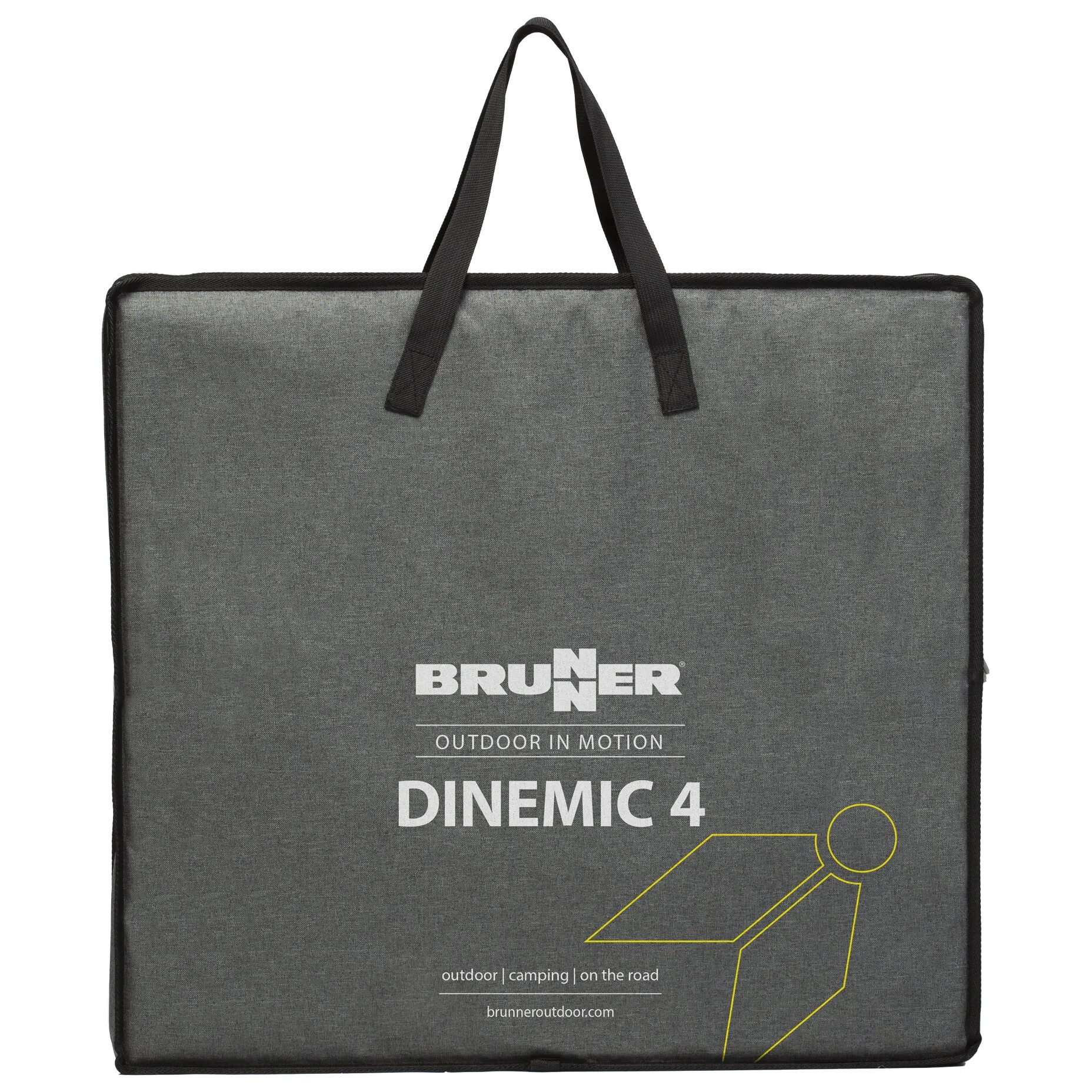 Graue Tragetasche für den Klapptisch Brunner Dinemic 4 mit schwarzen Tragegriffen und aufgedruckter Tischskizze