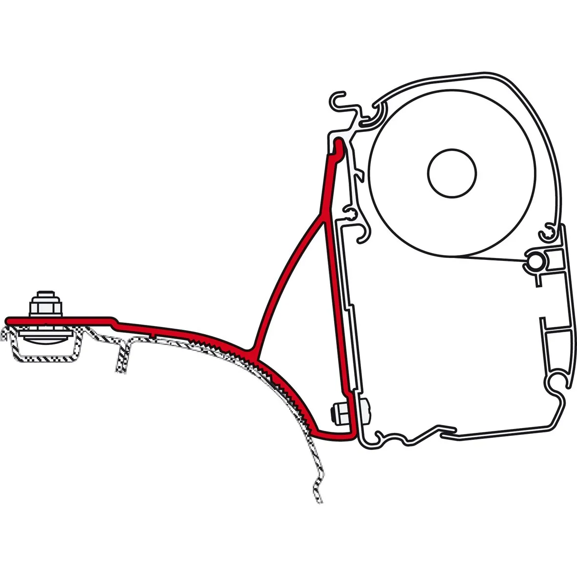 Technische Schnittdarstellung der schwarzen F45s-Markise für VW T5/T6 Multivan mit Gehäuse, Tuchwelle und Halterung