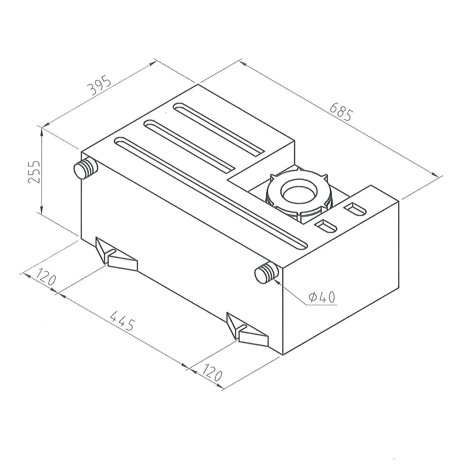 Technische Zeichnung des Frischwassertanks 60 Typ SM 23060 mit Einfüllöffnung, Anschlüssen und Maßangaben bis 685 × 395 × 255 mm