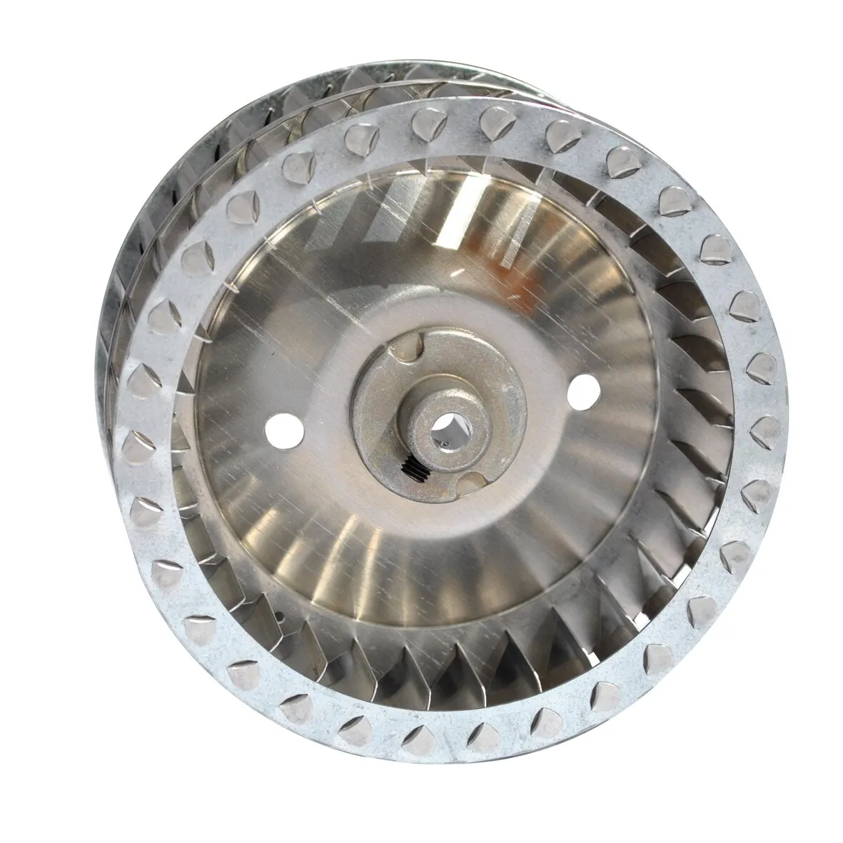 Metallisches Ventilatorrad TN-2 in Innenansicht mit radial angeordneten Schaufeln, zentraler Nabe und Befestigungsbohrungen