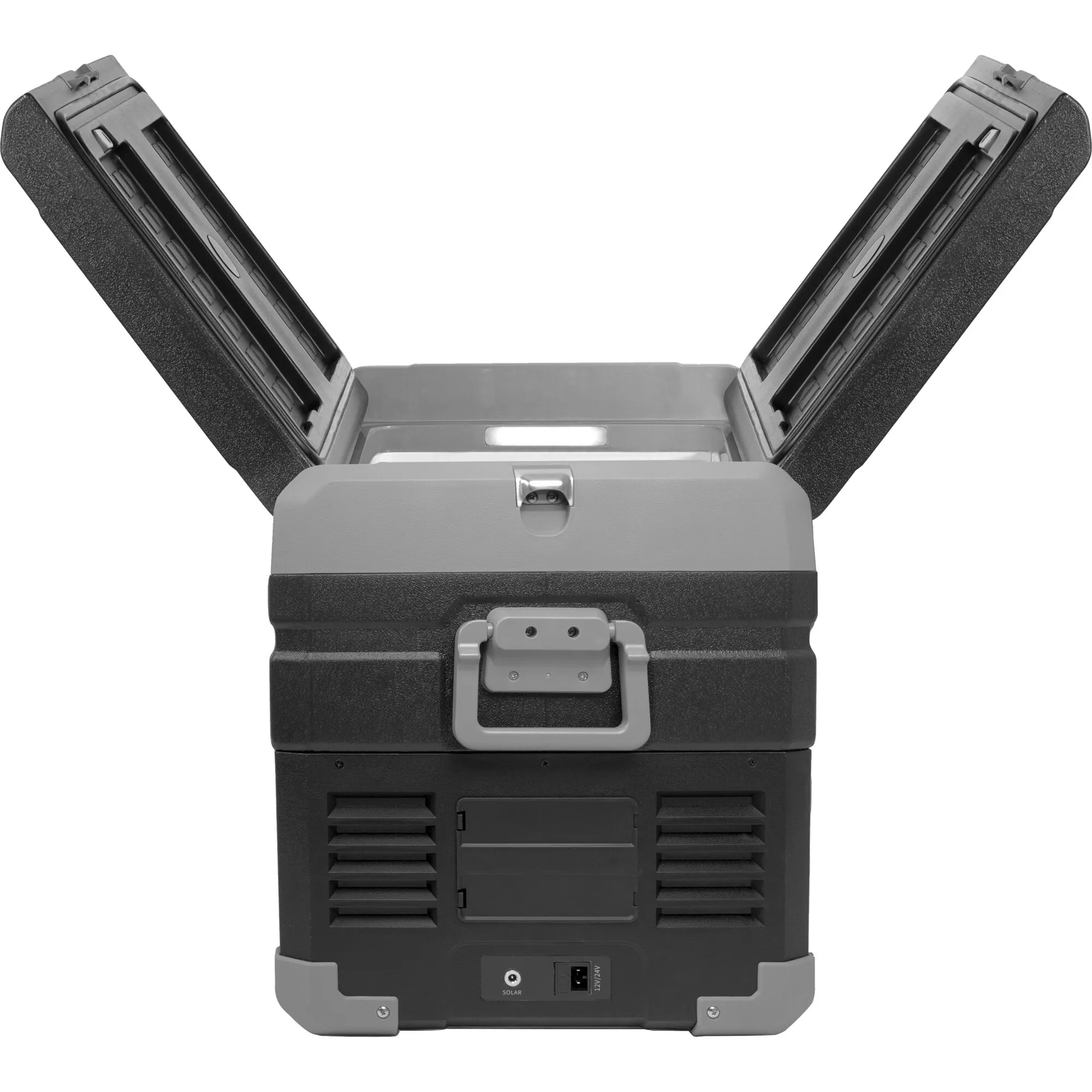 Geöffnete schwarze Kühlbox Polarys Freeze DZ mit grauem Deckel, Tragegriff, Belüftungsgittern und Anschlüssen für Solar sowie 12/24 V