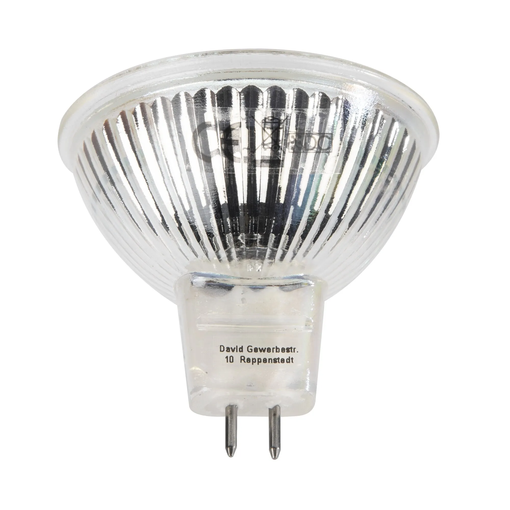 LED-Leuchtmittel GU5.3 mit silbernem Reflektor, transparentem Glasgehäuse und zwei Kontaktstiften vor weißem Hintergrund